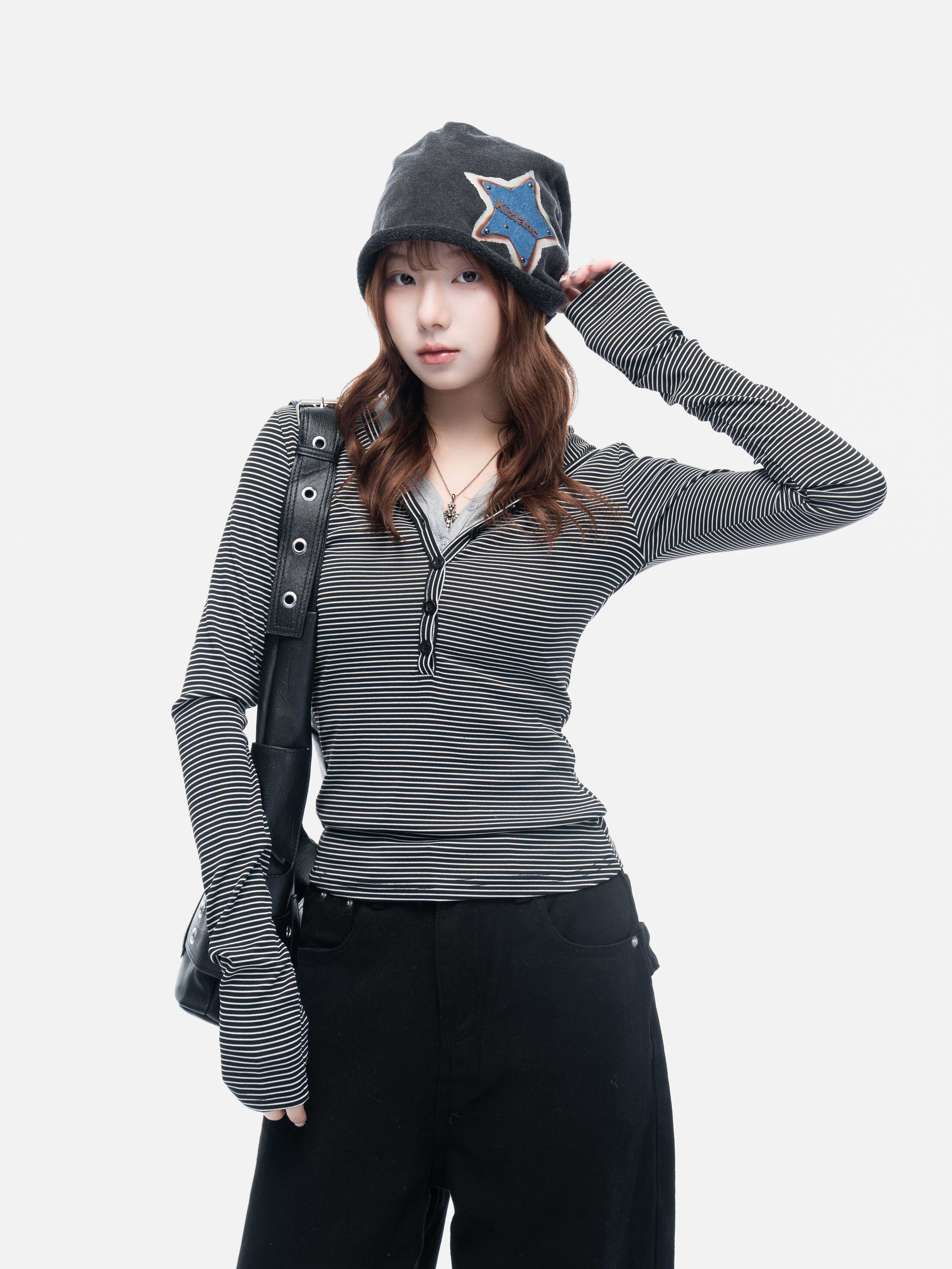 VIVID 韓系 疊穿 V領 排扣 條紋 兩件套 帽T