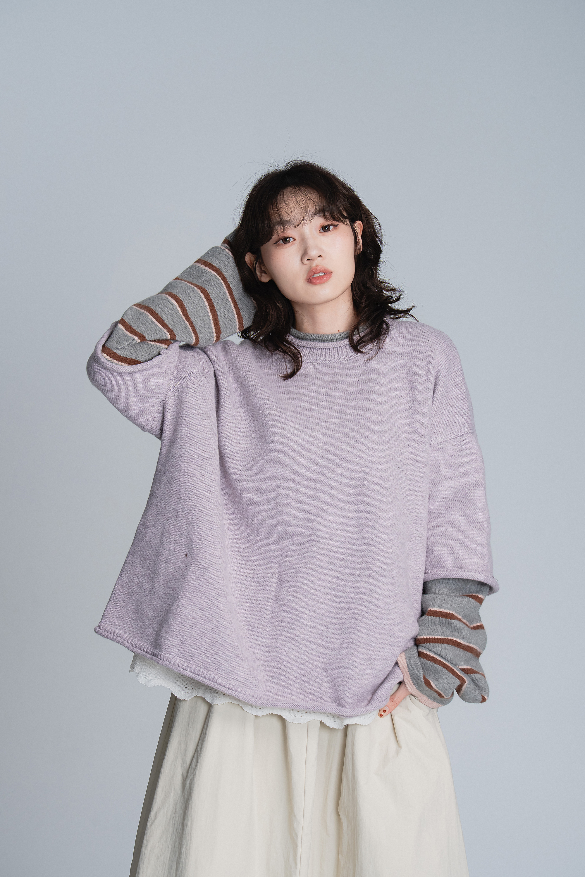 撞色條紋袖假兩件毛衣 3色