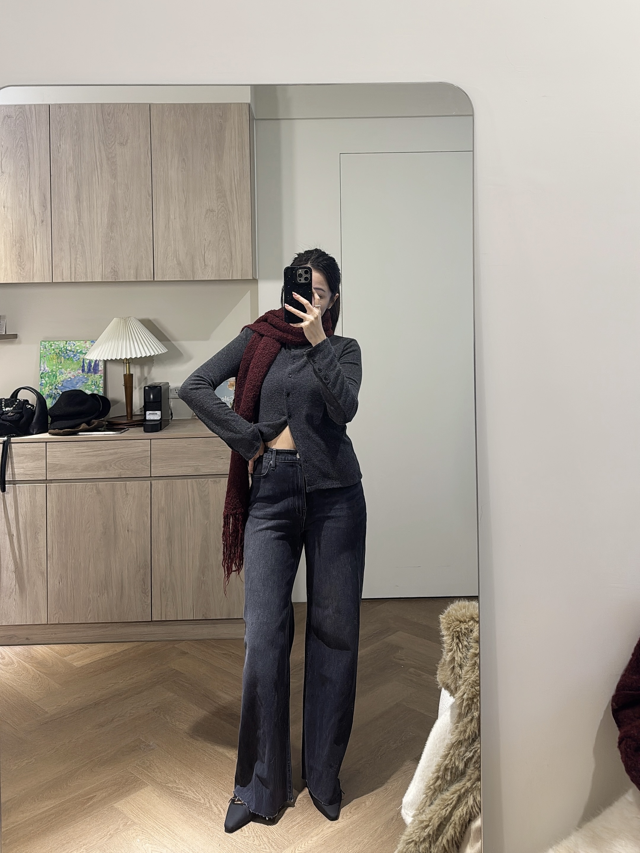 V12 黑色直筒刷色牛仔褲S/M/L