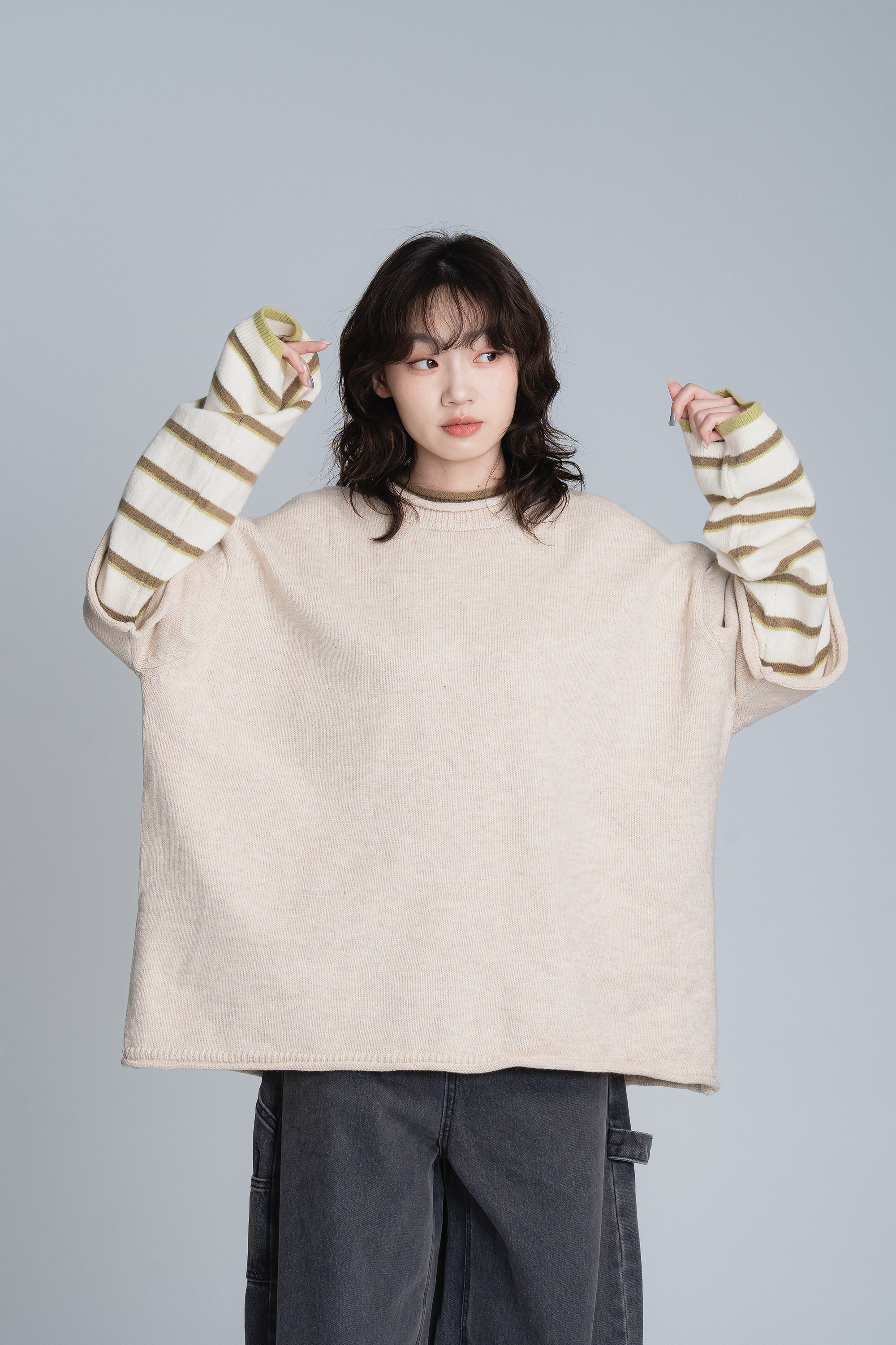 撞色條紋袖假兩件毛衣 3色