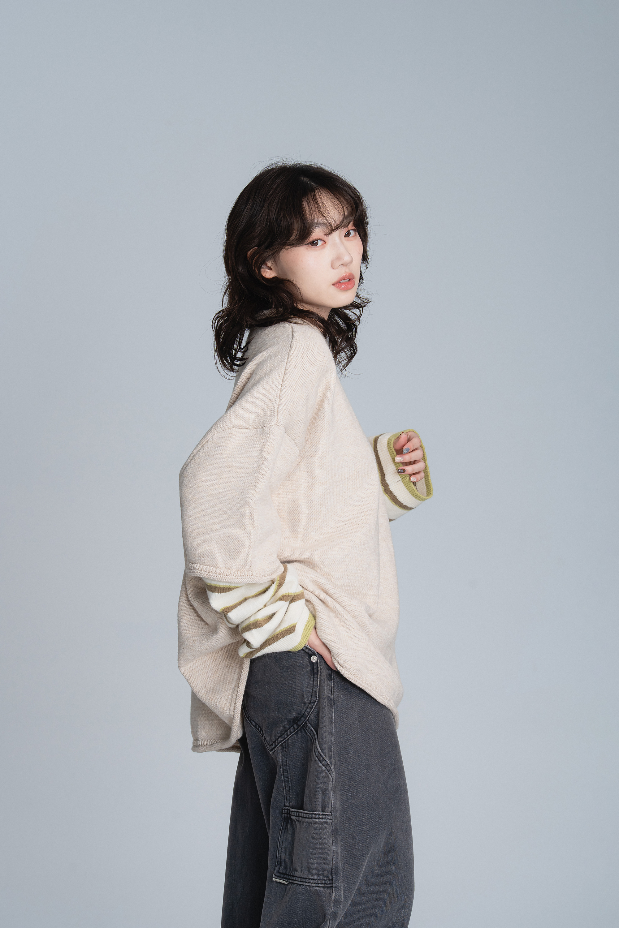 撞色條紋袖假兩件毛衣 3色