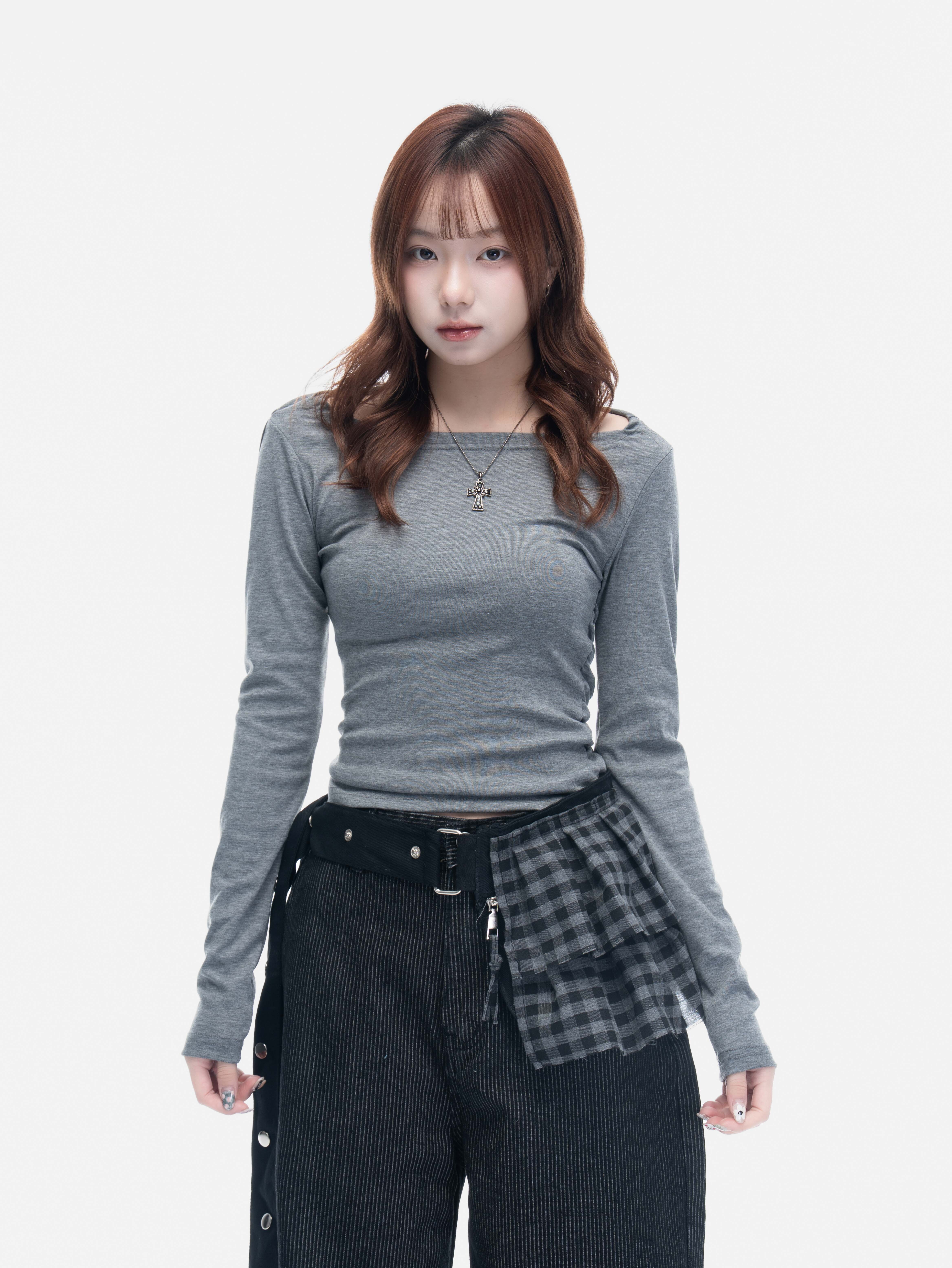 VIVID 歐美 簍空 皺褶 修身 正肩 長袖上衣 T恤 薄長袖