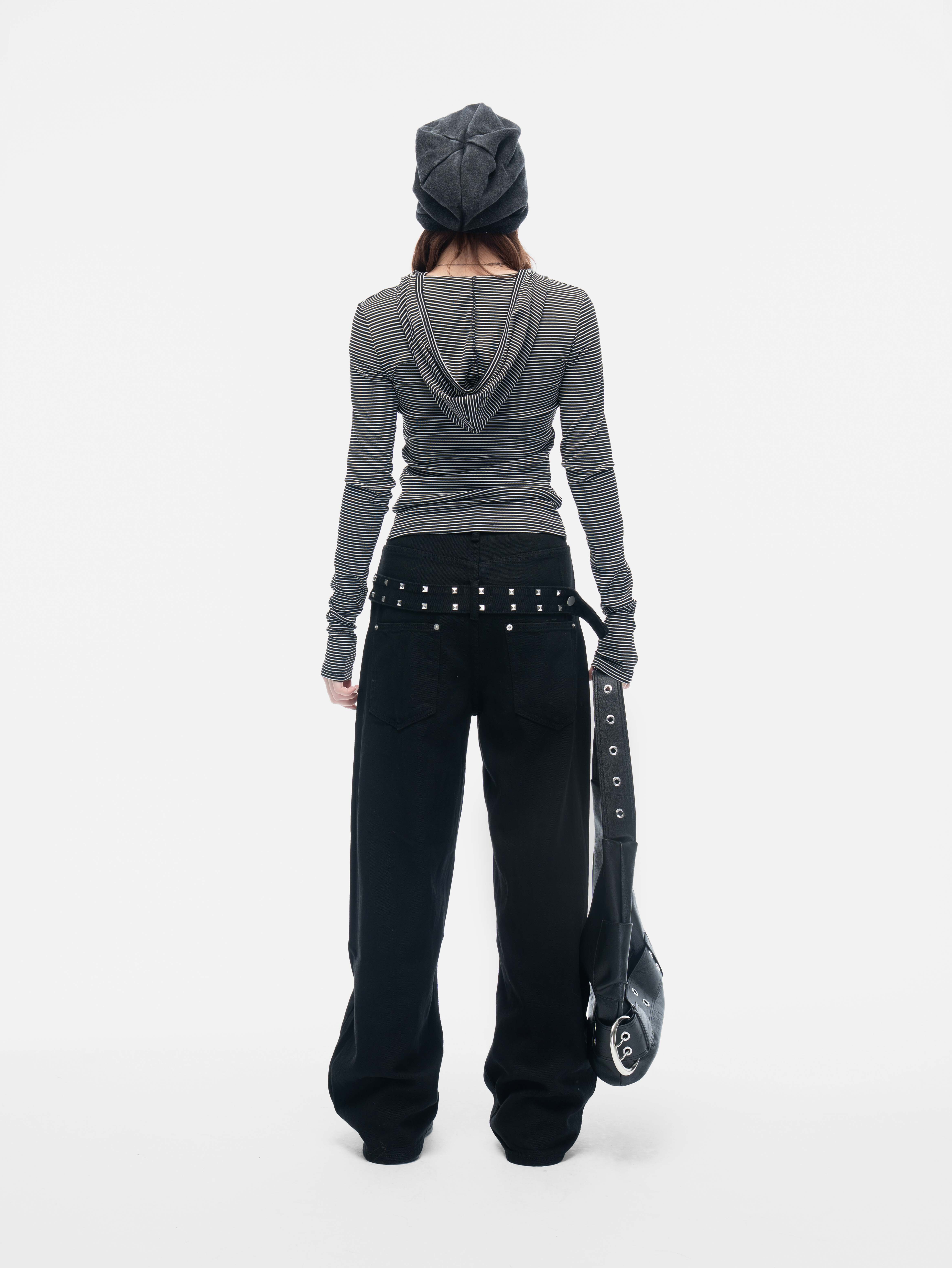 VIVID 小眾 雙層 後腰帶 街頭 鉚釘 彎刀 牛仔褲