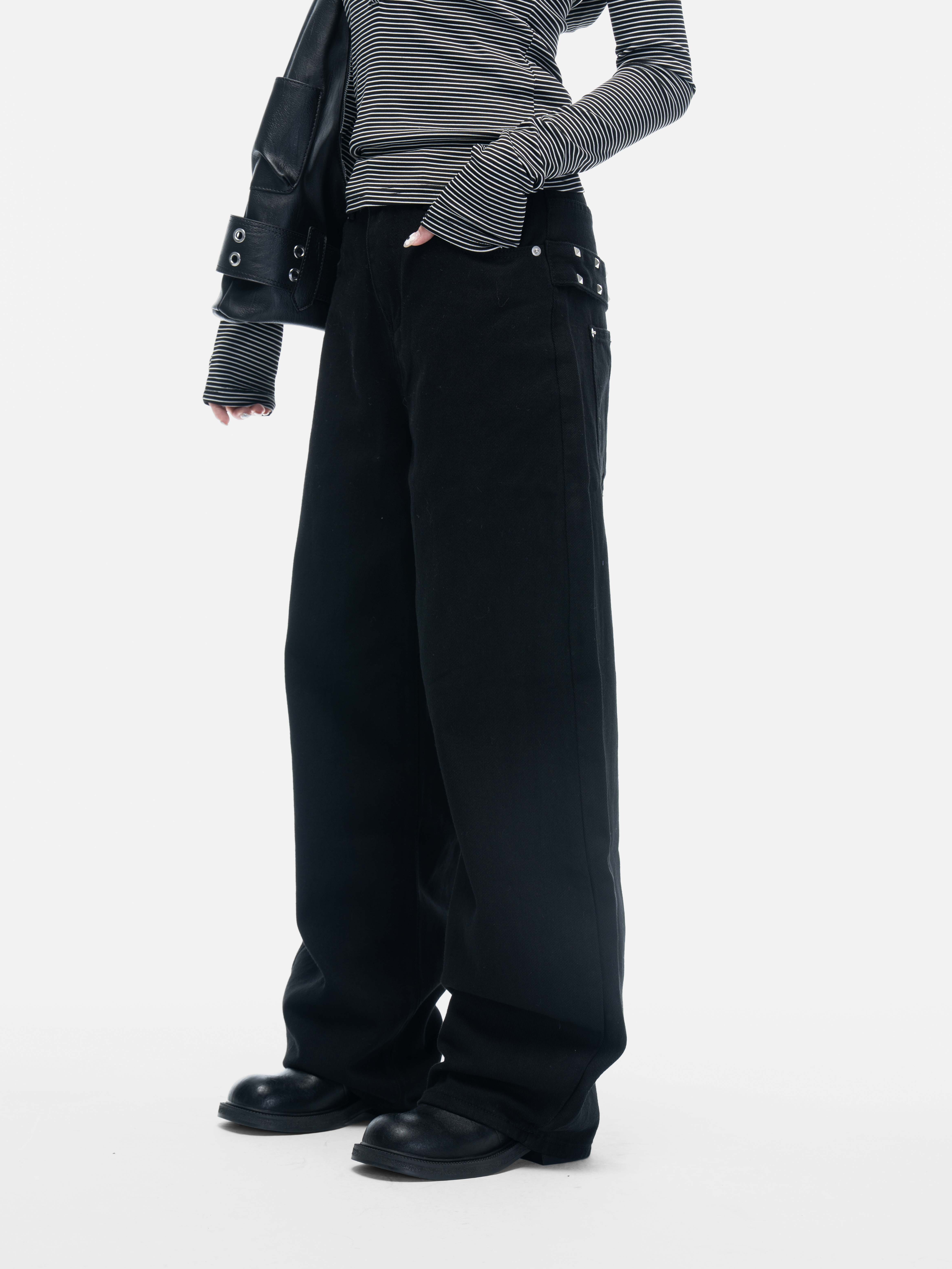 VIVID 小眾 雙層 後腰帶 街頭 鉚釘 彎刀 牛仔褲