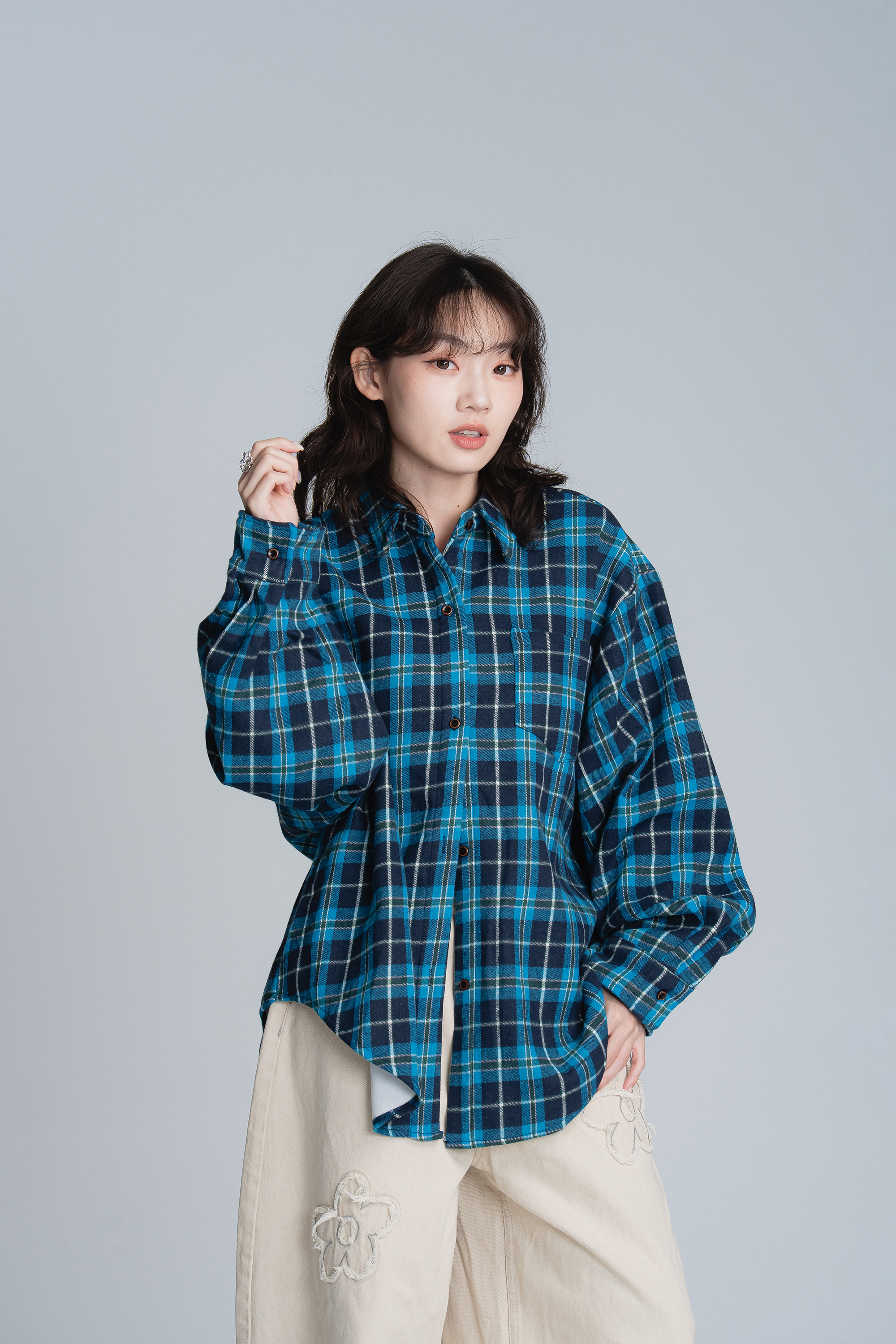 亮色格紋加絨長袖襯衫 2色