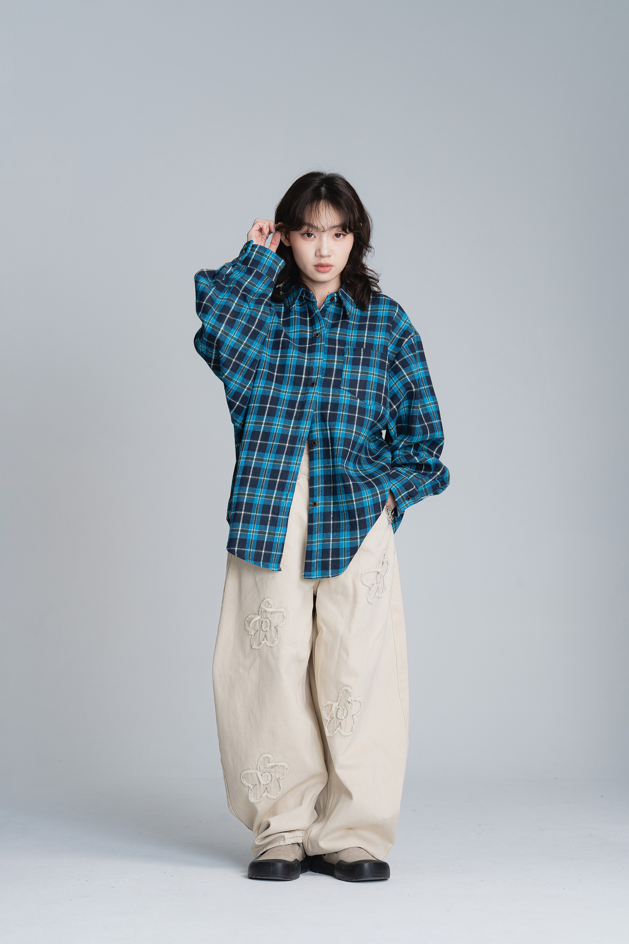 亮色格紋加絨長袖襯衫 2色