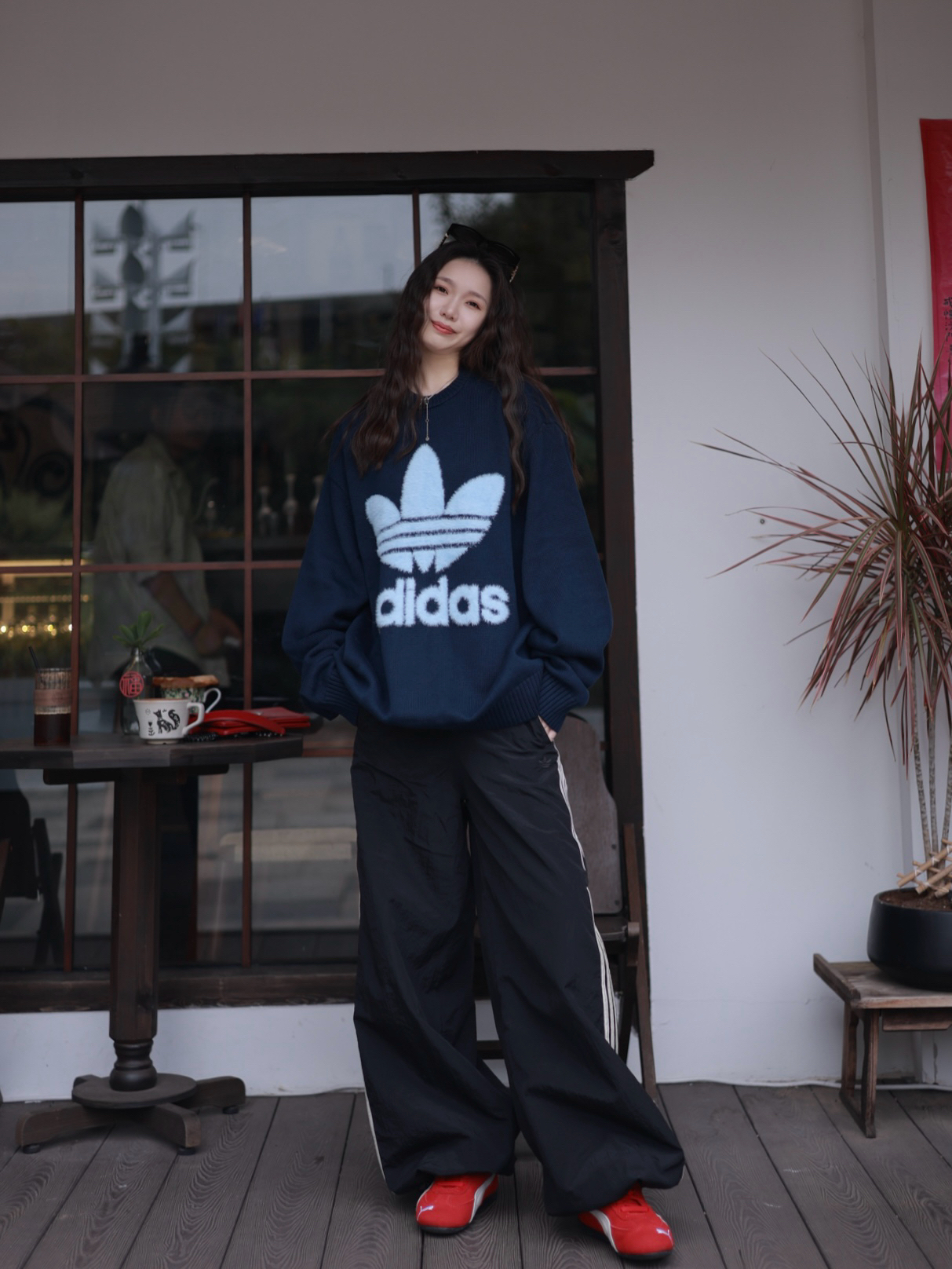 代購-Adidas Originals SS25 保暖 親膚 大字母 長袖 毛衣 深靛藍