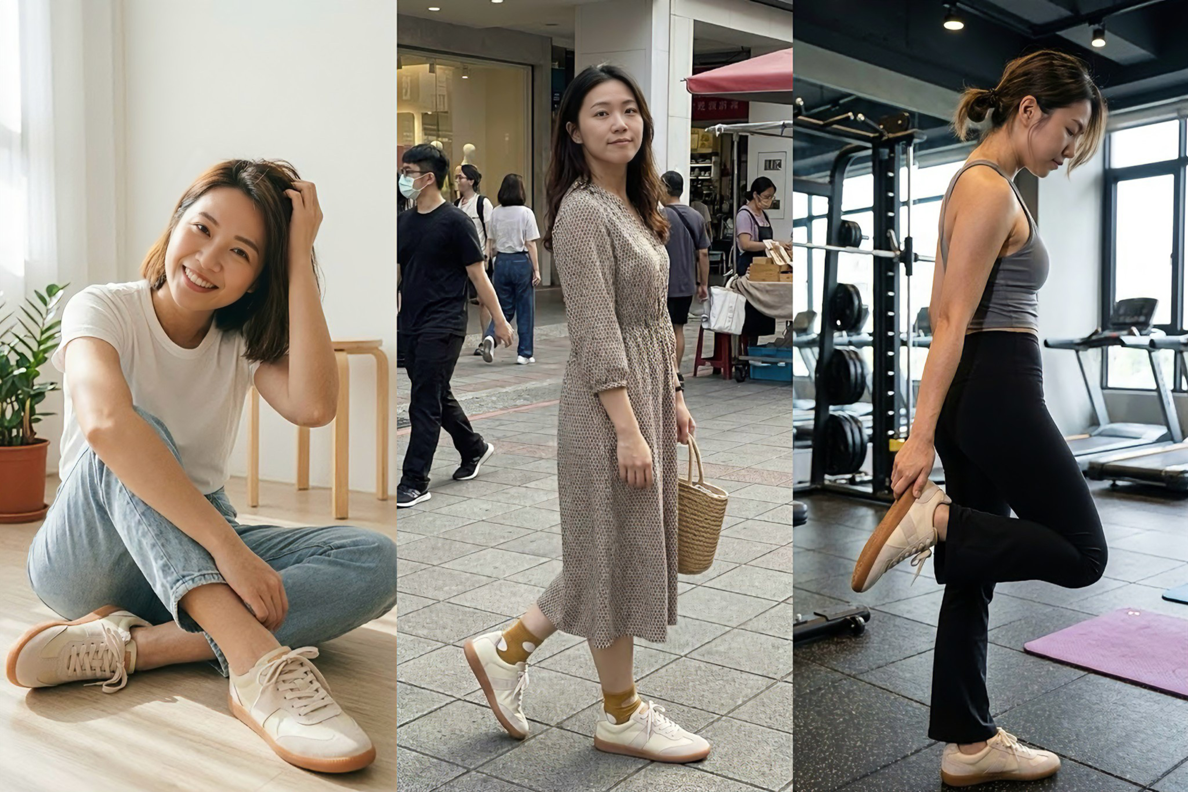 Sanly Joy 真皮德訓鞋作為膠囊衣櫥的核心單品，展示一鞋多穿的高 CP 值穿搭潛力，搭配襯衫、牛仔褲與洋裝等基本款，推薦給崇尚極簡生活與重複穿搭的小資女，打造百搭又省錢的鞋櫃。