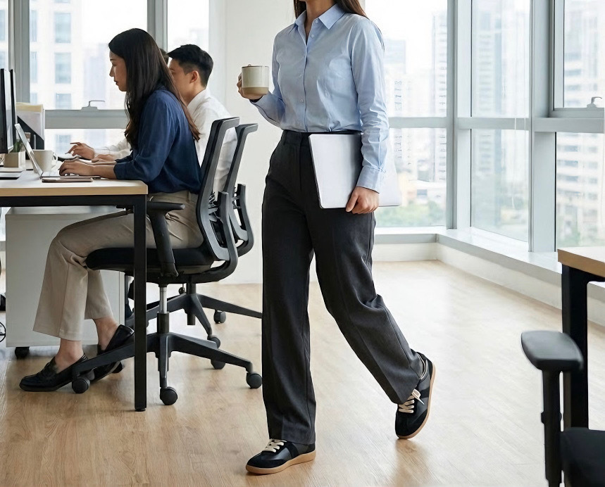 週一職場穿搭提案，Sanly Joy 德訓鞋搭配西裝寬褲展現 Smart Casual 微正式風格，頭層牛皮質感不輸皮鞋，適合晨會簡報與拜訪客戶，是舒適不磨腳的上班族通勤鞋推薦。