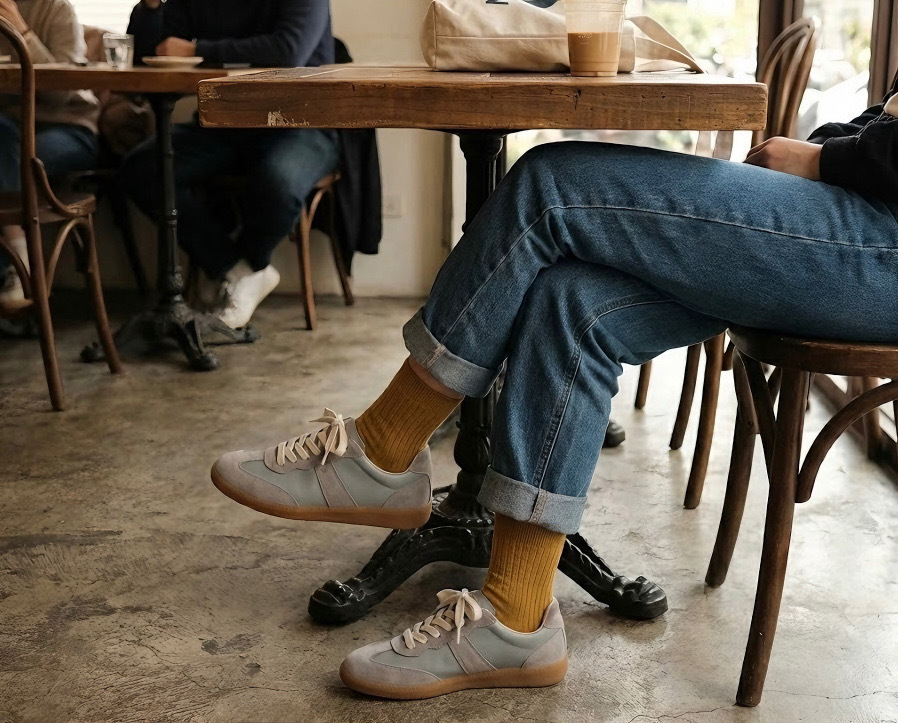 週三小週末的個性穿搭，利用 Sanly Joy 德訓鞋搭配直筒牛仔褲與亮色中筒襪，展現撞色層次感，真皮休閒鞋的百搭特性讓丹寧造型更具細節，是展現個人品味的重複穿搭技巧。