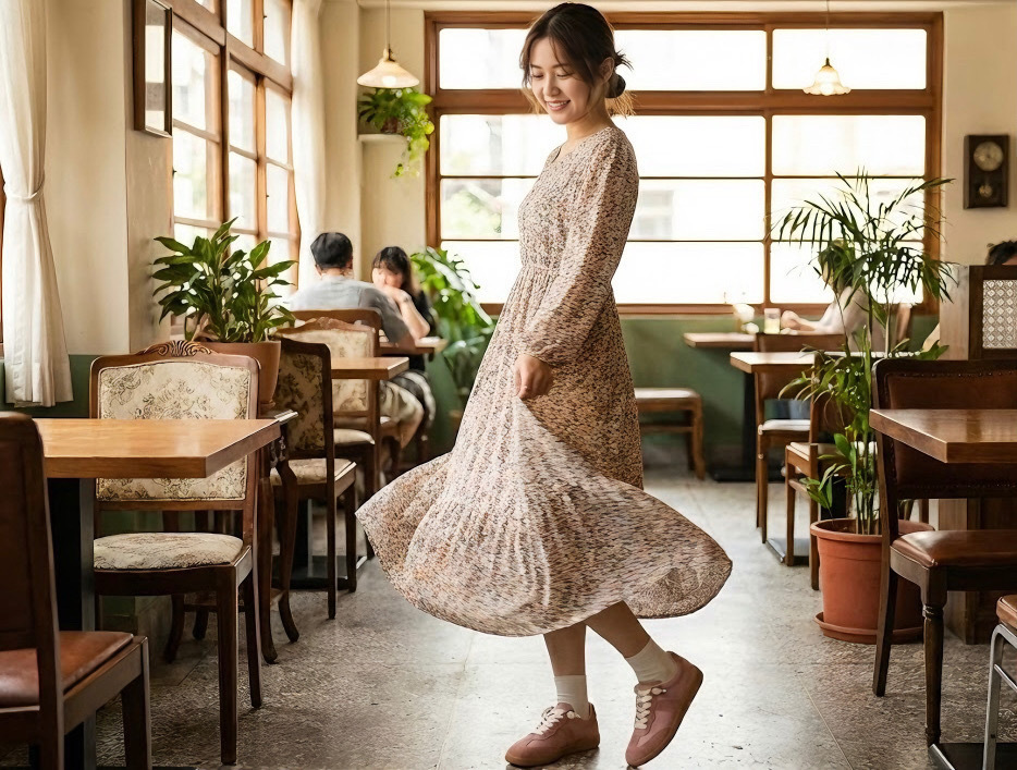 週五約會穿搭靈感，示範碎花洋裝搭配 Sanly Joy 微厚底德訓鞋的 Femleisure 甜酷風格，利用球鞋中和裙裝的甜膩感，同時具備增高修飾效果，是約會逛街久走不累的顯瘦穿搭。