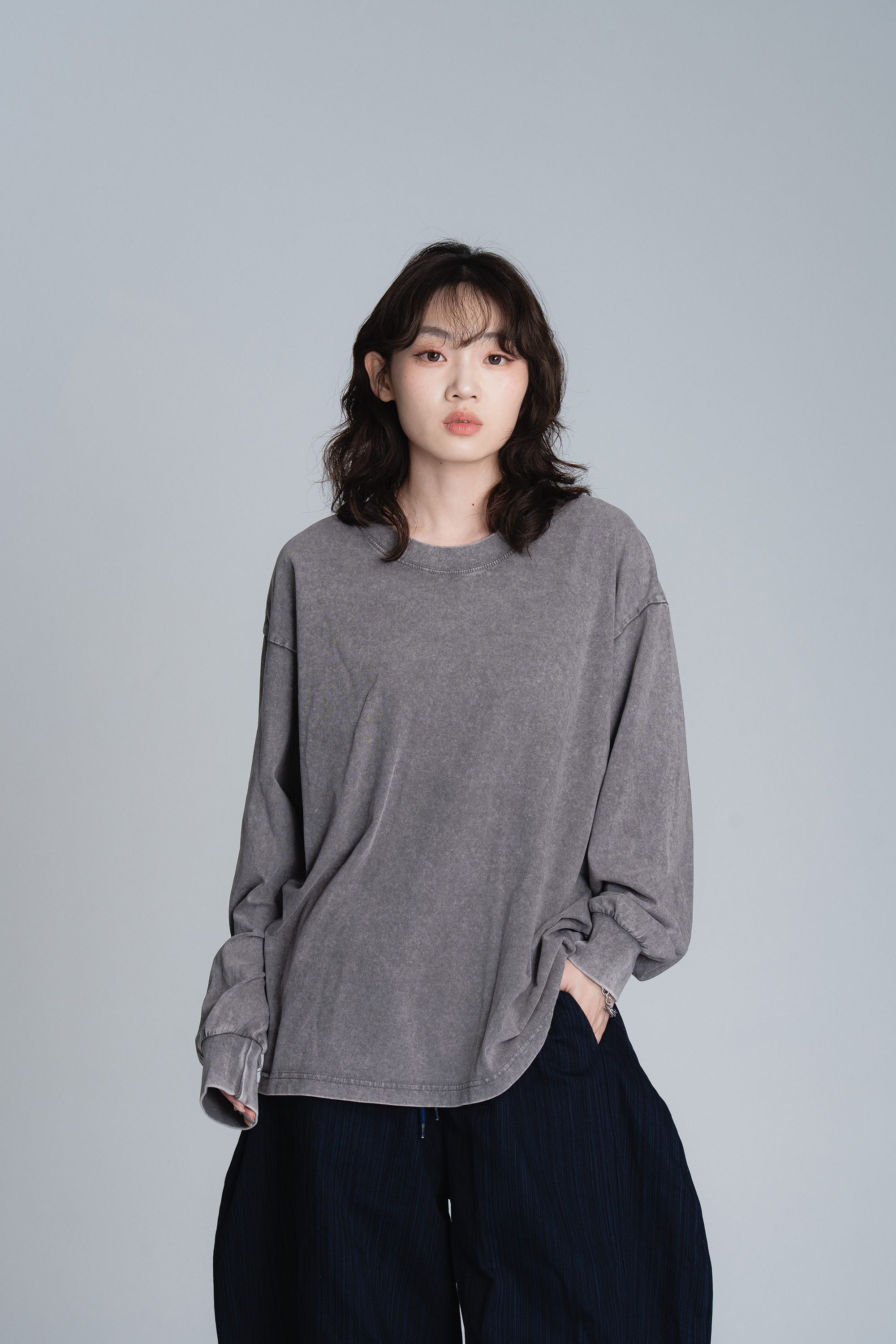 基礎圓領水洗薄長t 3色