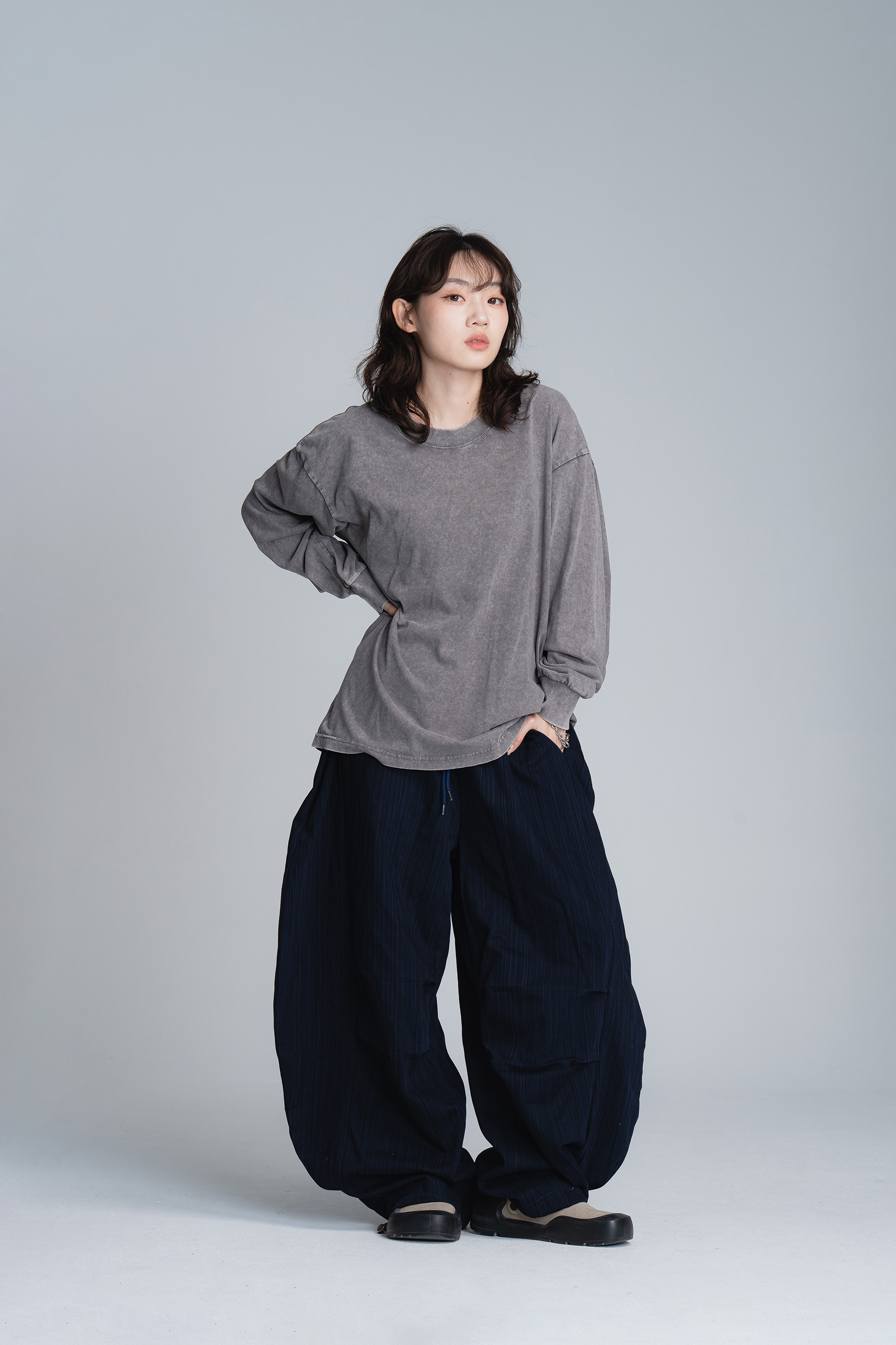 基礎圓領水洗薄長t 3色