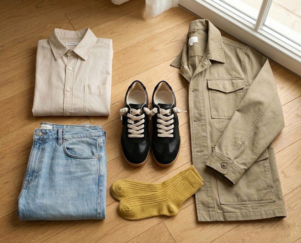 Sanly Joy艾蜜莉德訓鞋 經典黑色，穿搭提案，擺拍搭配襯衫、淺色牛仔褲、卡其色外套、薑黃色襪子，呈現秋冬的穿搭感。