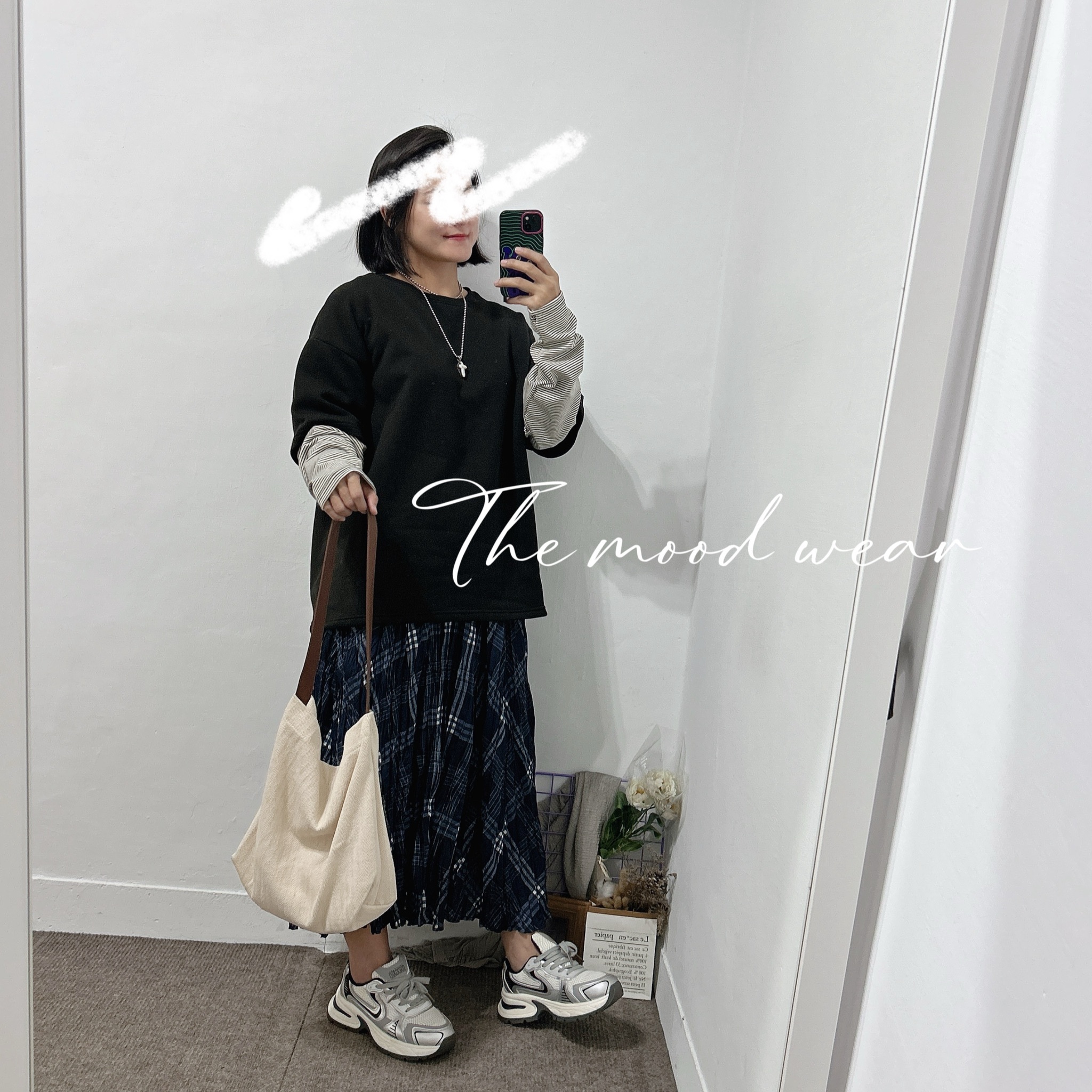 保暖內摩毛拼接條紋袖 蓋屁股長(黑色/灰色)