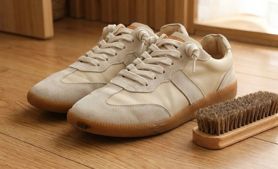 解析 Sanly Joy 德訓鞋的耐髒優勢，利用灰色麂皮鞋頭隱藏髒污與刮痕，搭配獨家防潑水技術，比一般全白帆布鞋更好保養清潔，是機車族與通勤族必備的實用真皮休閒鞋。