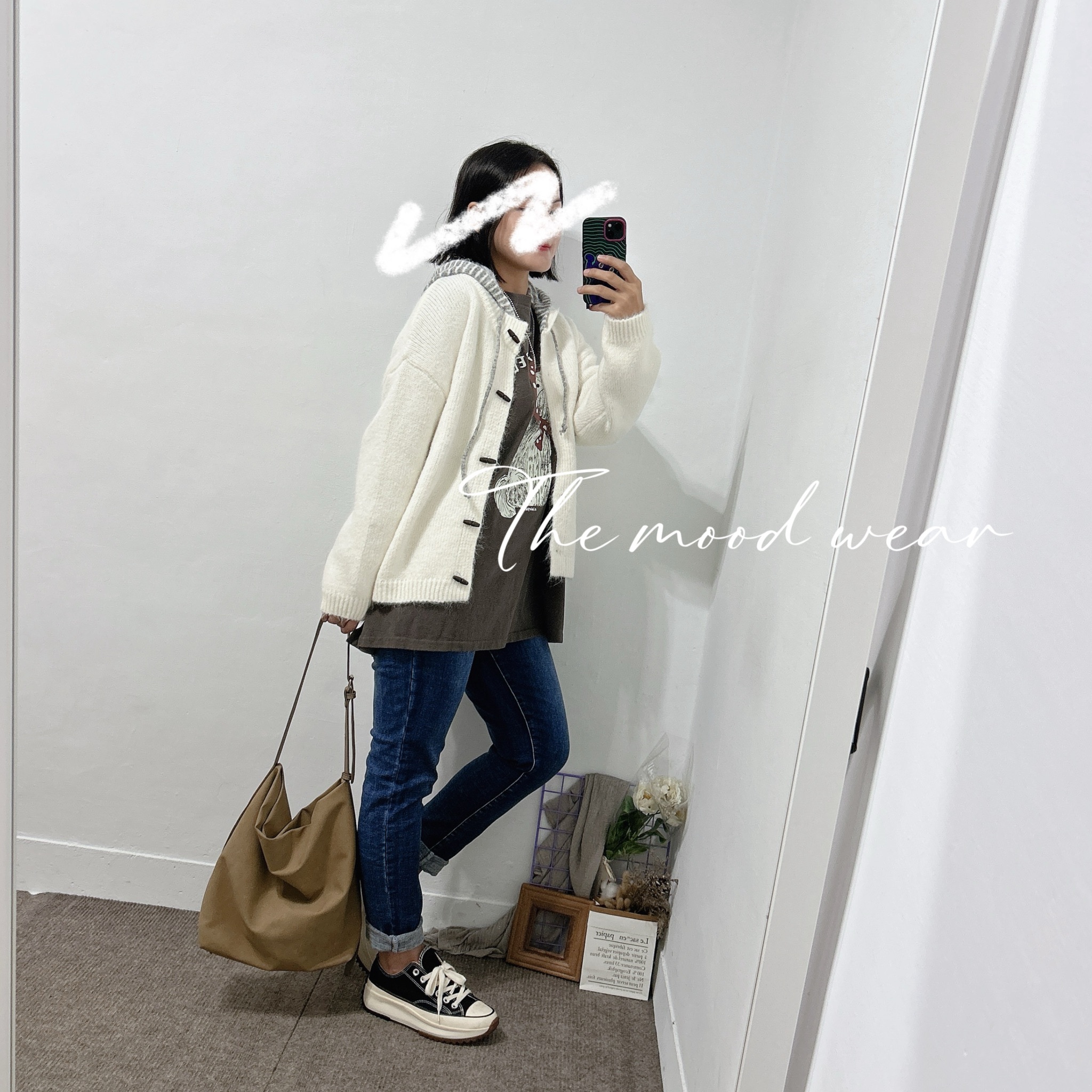 無印風 木頭釦配色連帽毛衣外套(灰/米白/深藍)