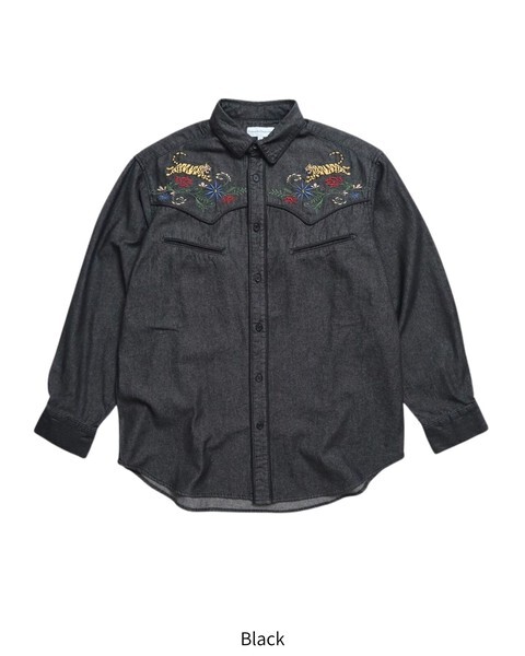 【POWER TO THE PEOPLE】復古刺繡滾邊牛仔襯衫