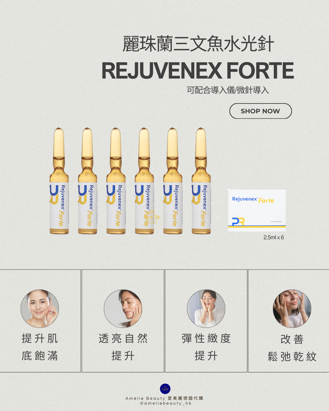 麗珠蘭三文魚水光針 Rejuvenex Forte 產品宣傳圖。上方顯示六支 2.5ml 安瓶精華及包裝盒，註明可配合導入儀或微針導入。下方配以四張女性模特兒圖片，說明產品四大功效：提升肌底飽滿、提升透亮自然感、提升彈性緻度，以及改善鬆弛乾紋。底部印有 Amélie Beauty 愛美麗德國代購的社交媒體帳號及商標。