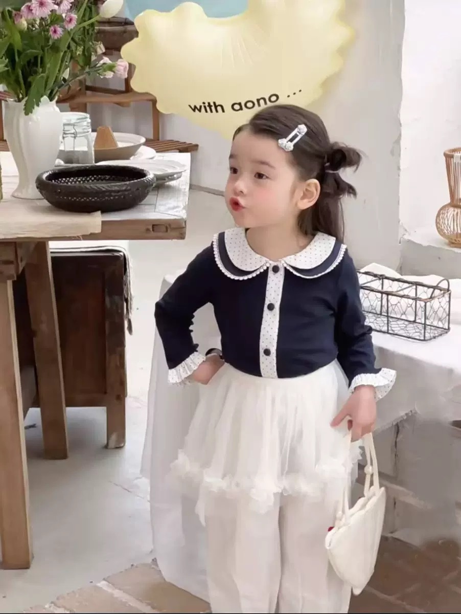 藍色娃娃領上衣/淡粉網紗拼接褲