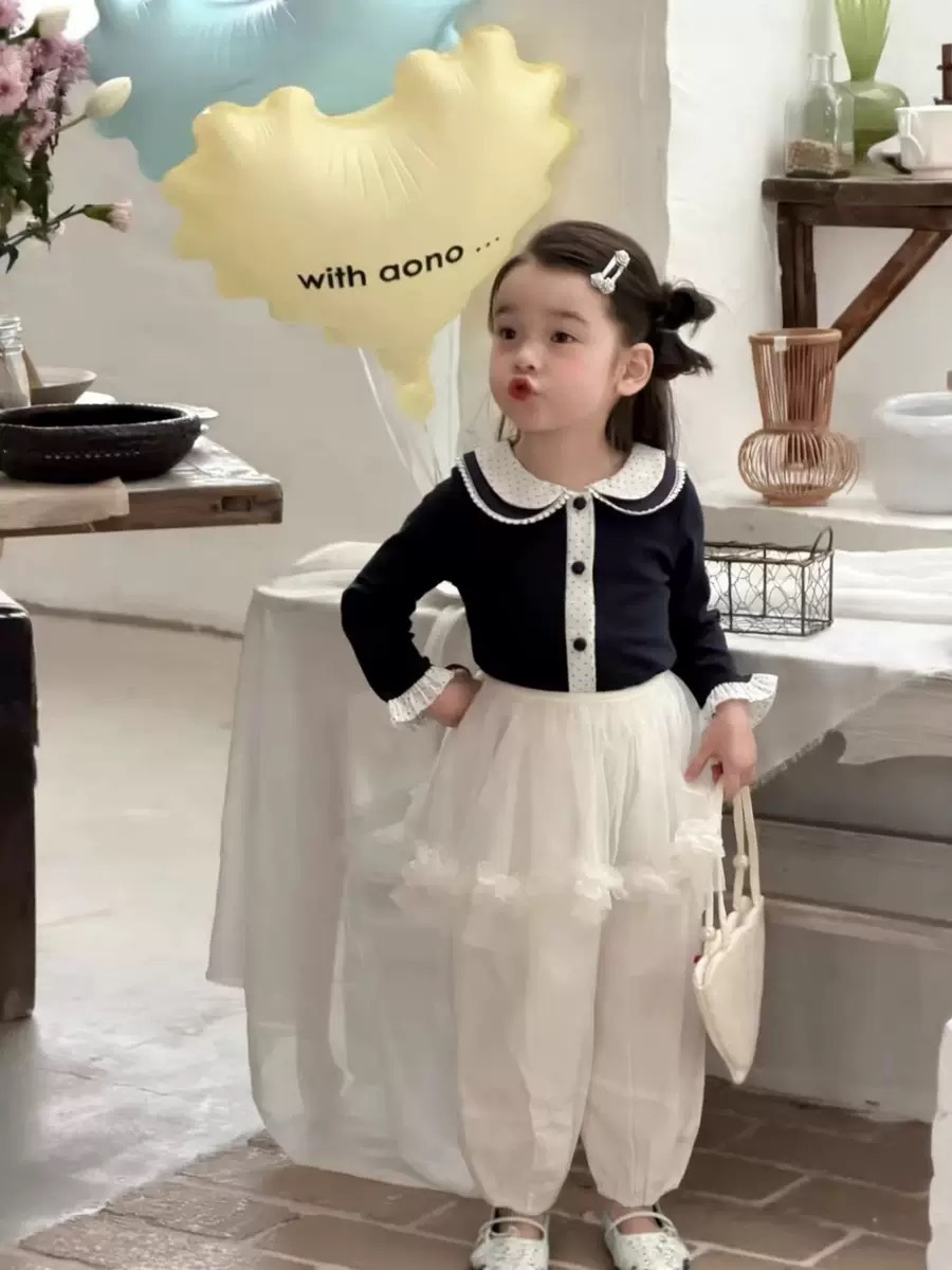 藍色娃娃領上衣/淡粉網紗拼接褲