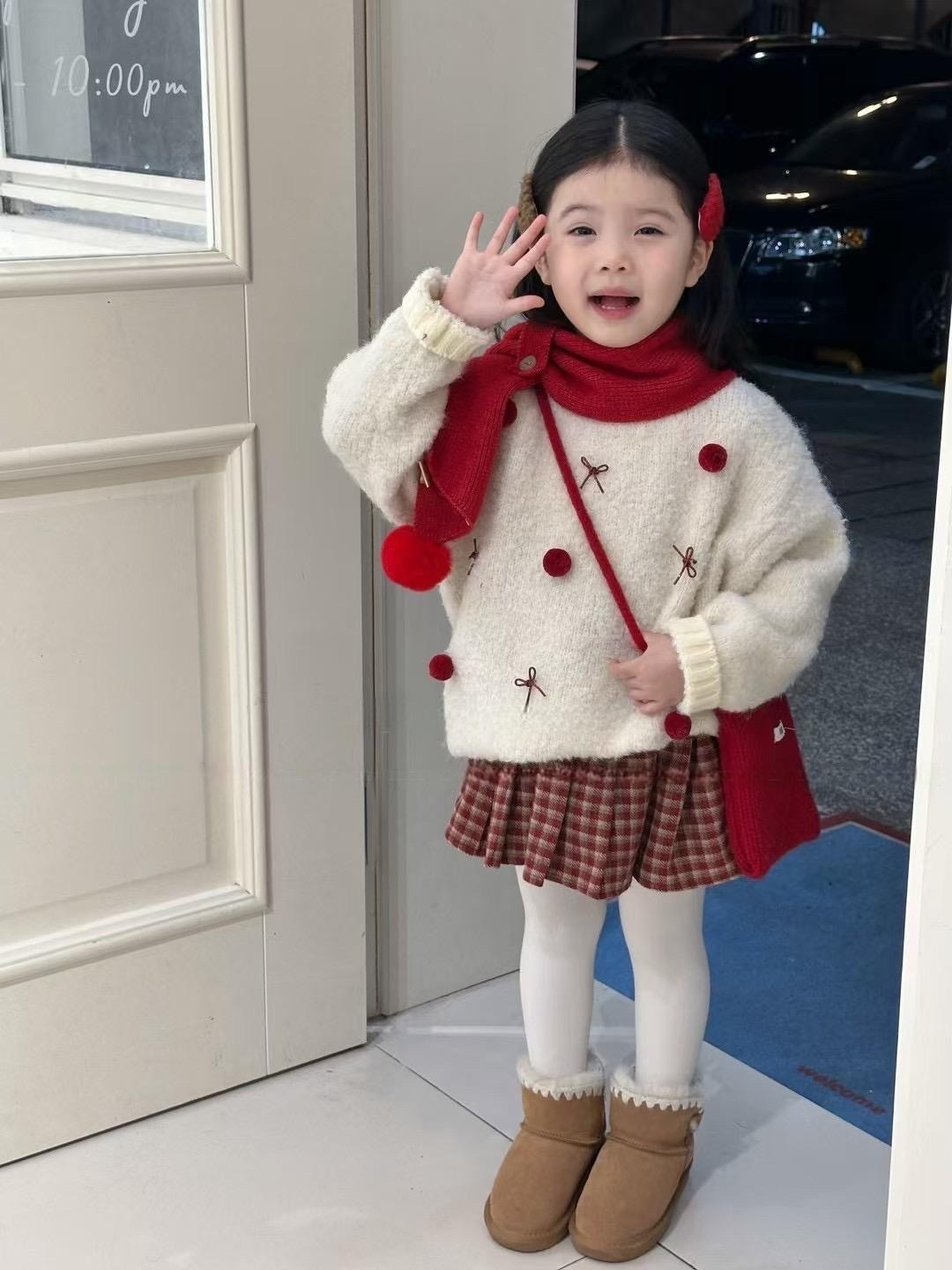 球球格子蝴蝶結針織上衣/加絨格紋褲裙