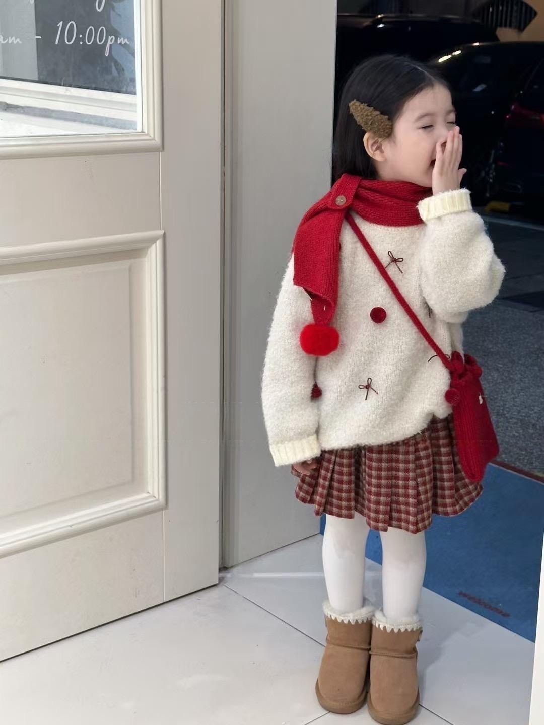 球球格子蝴蝶結針織上衣/加絨格紋褲裙