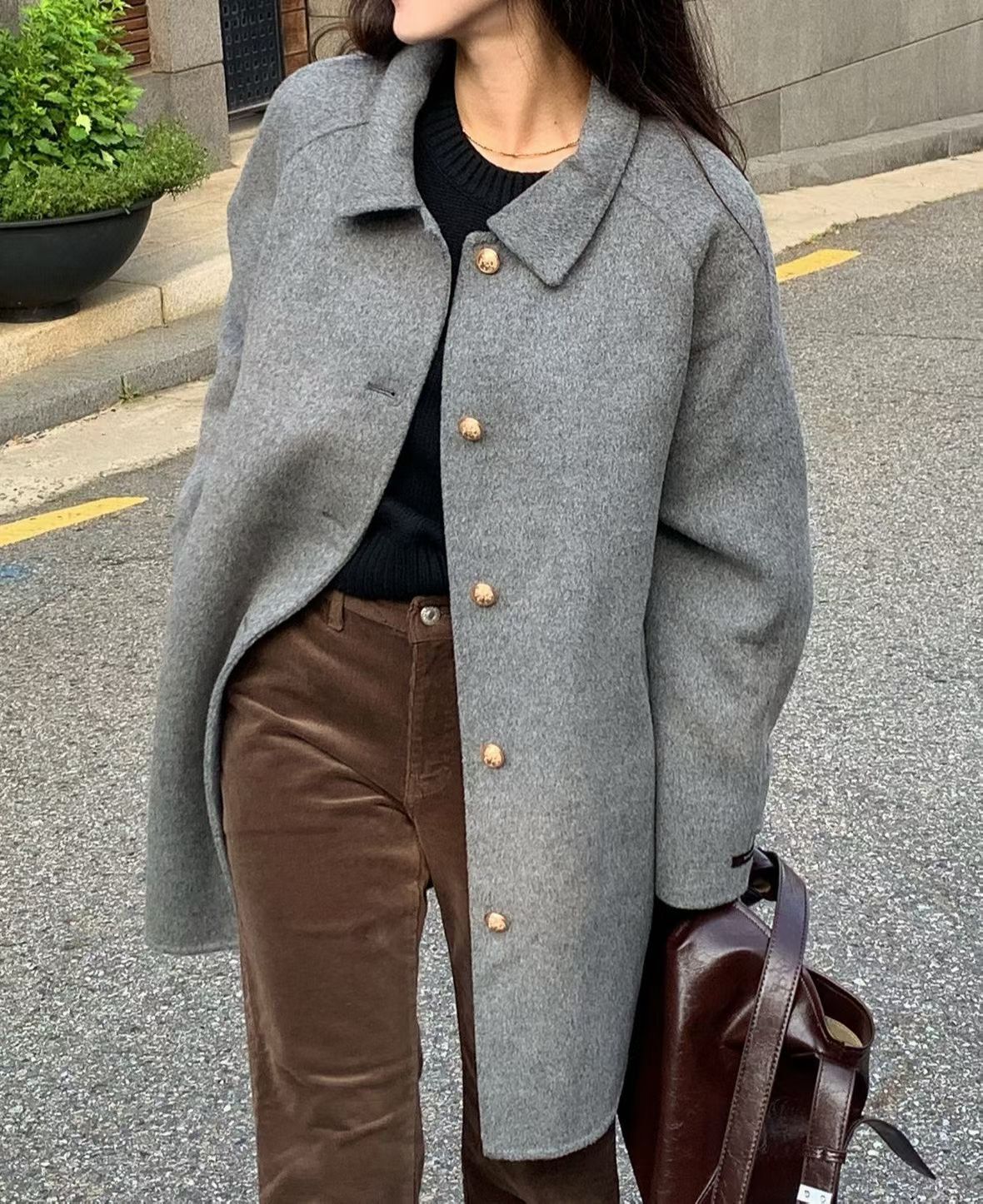 I16 (100%手工羊毛)金釦大衣(燕麥米/卡其/灰/藍黑)