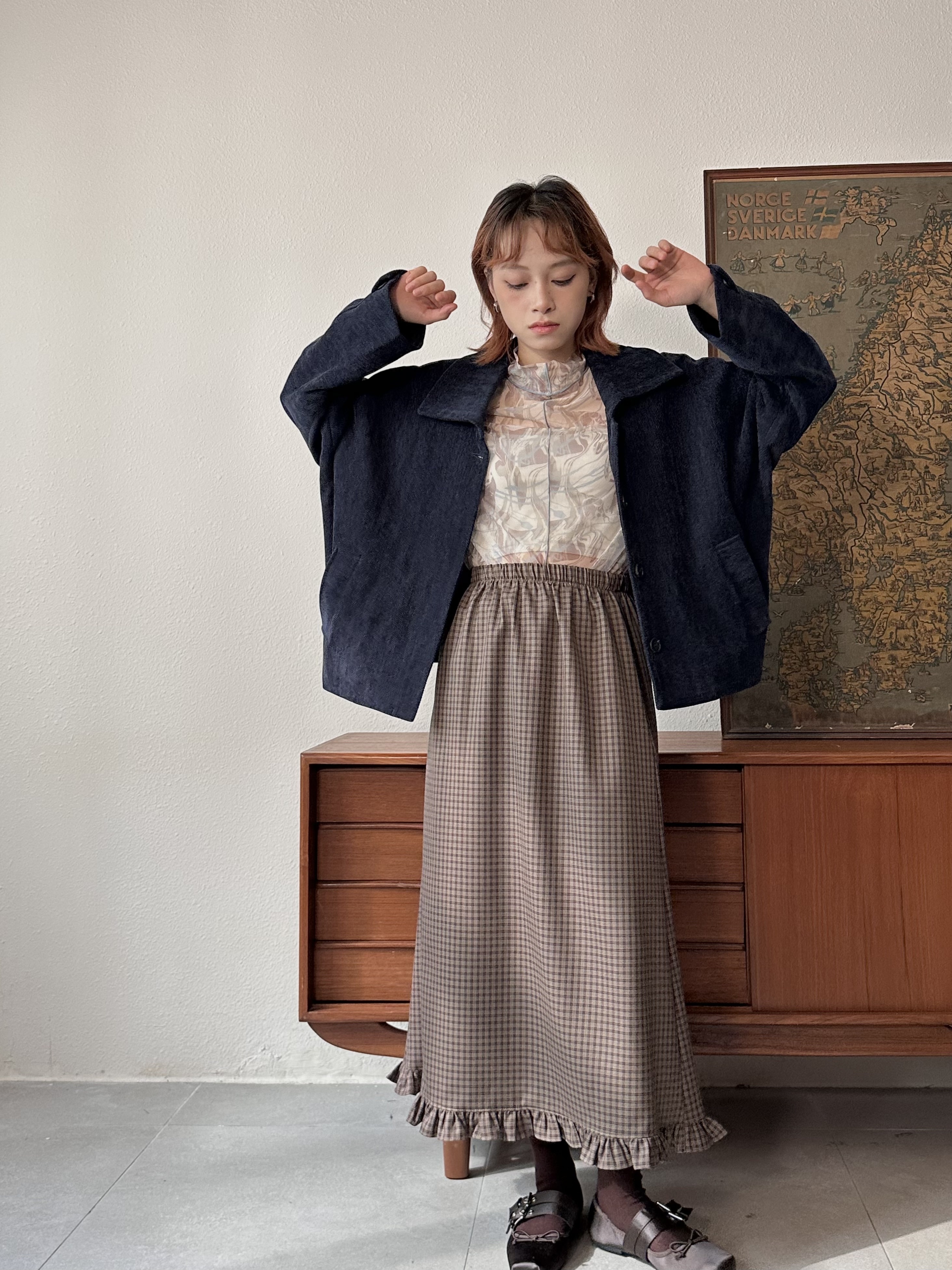 格仔花邊腳直身裙 - SK53868