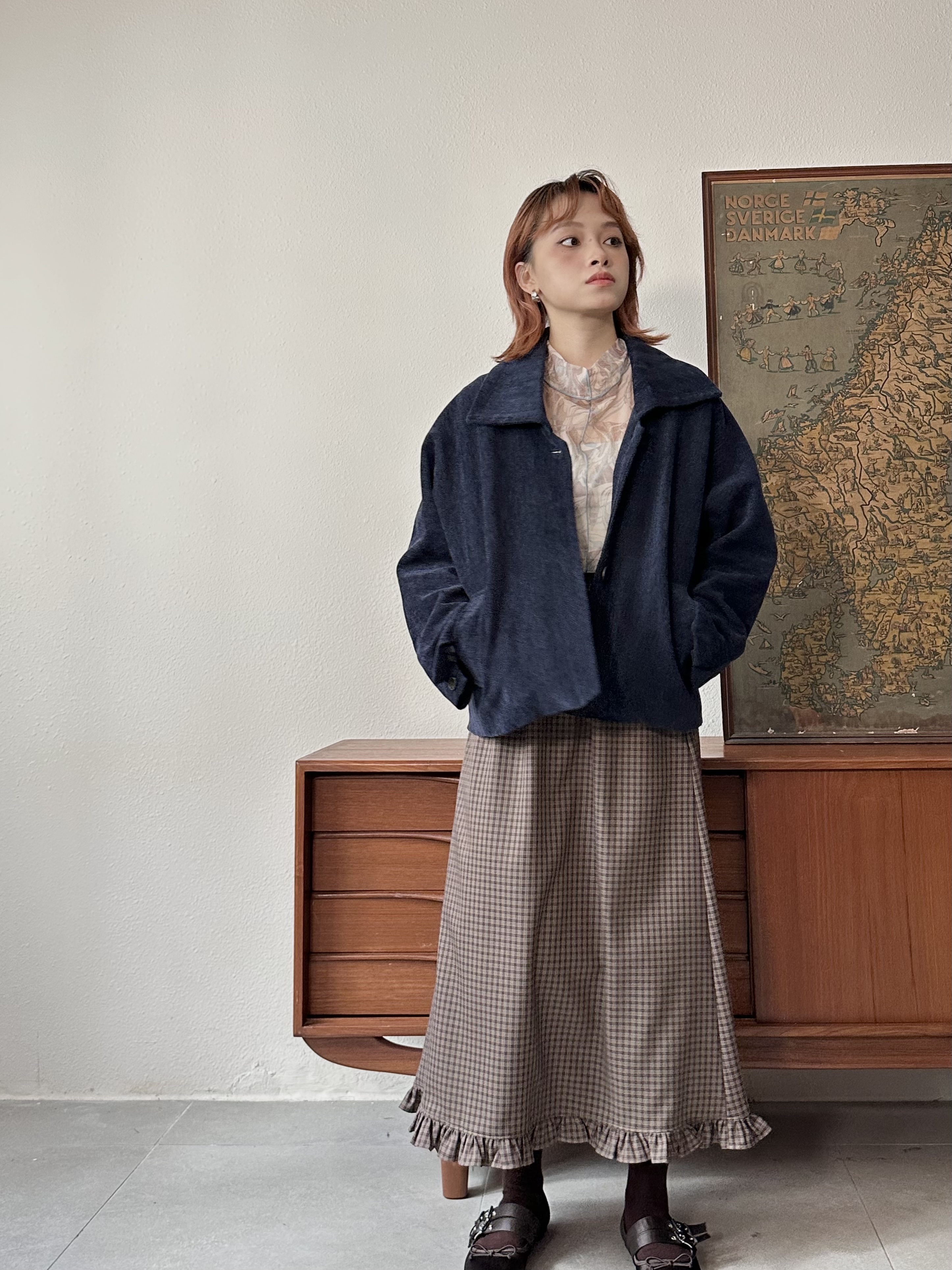 格仔花邊腳直身裙 - SK53868