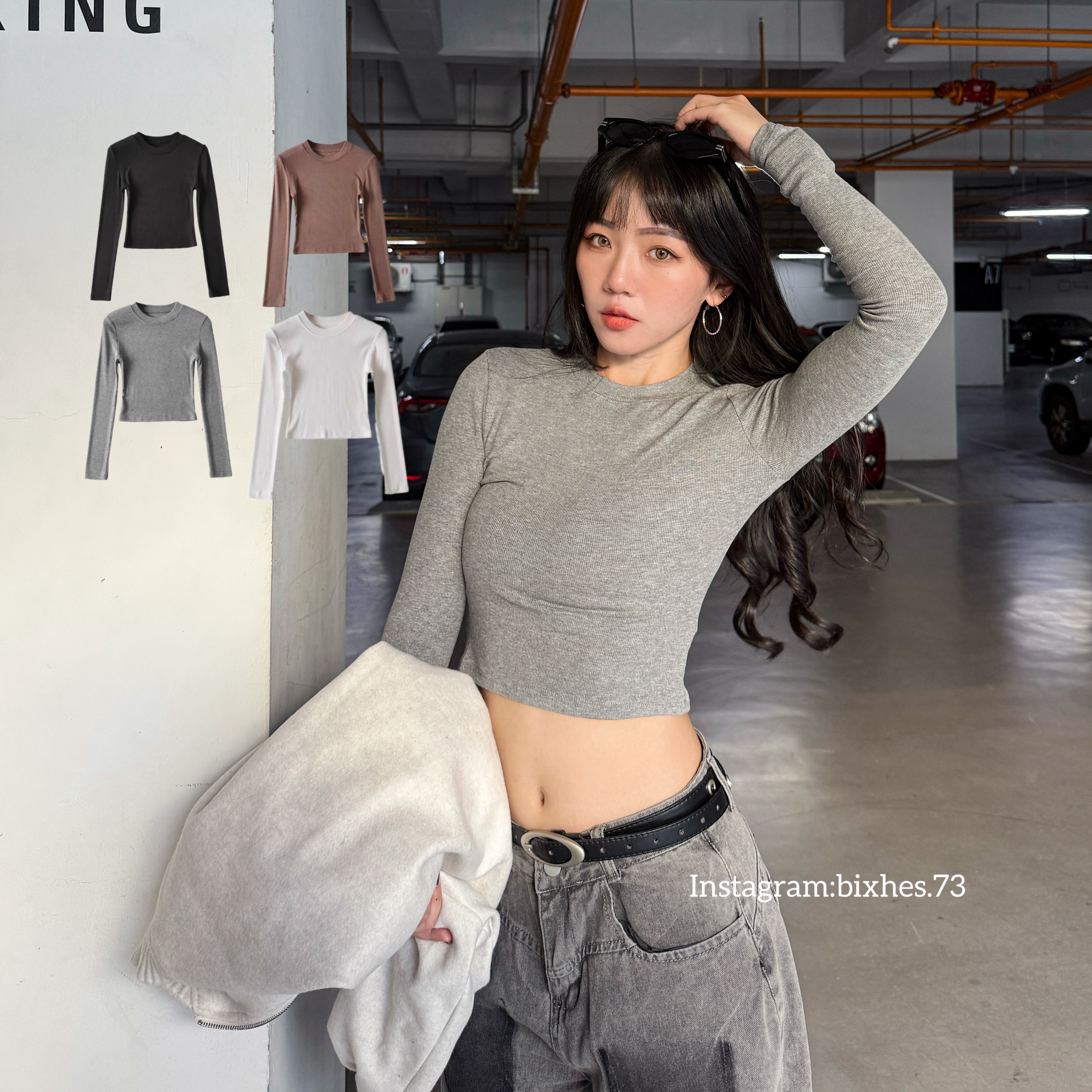 基礎圓領貼身短版長T(B00083)