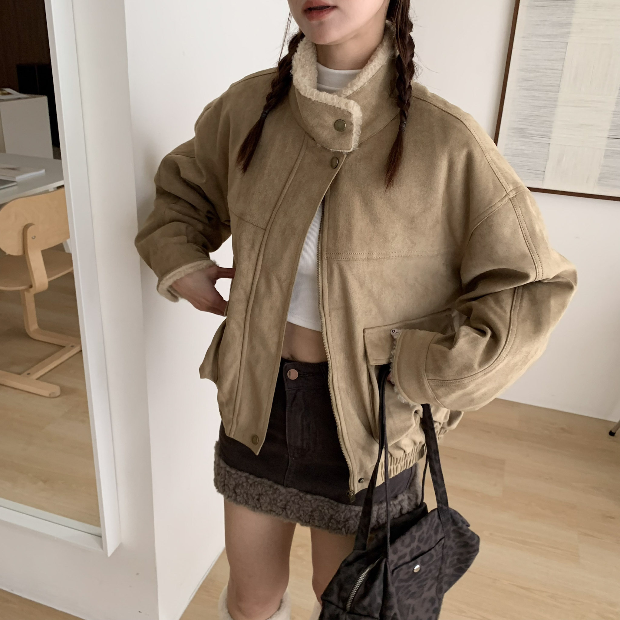 ISA_立領更可愛! 焦糖奶咖麂皮刷絨拉鍊外套_51142