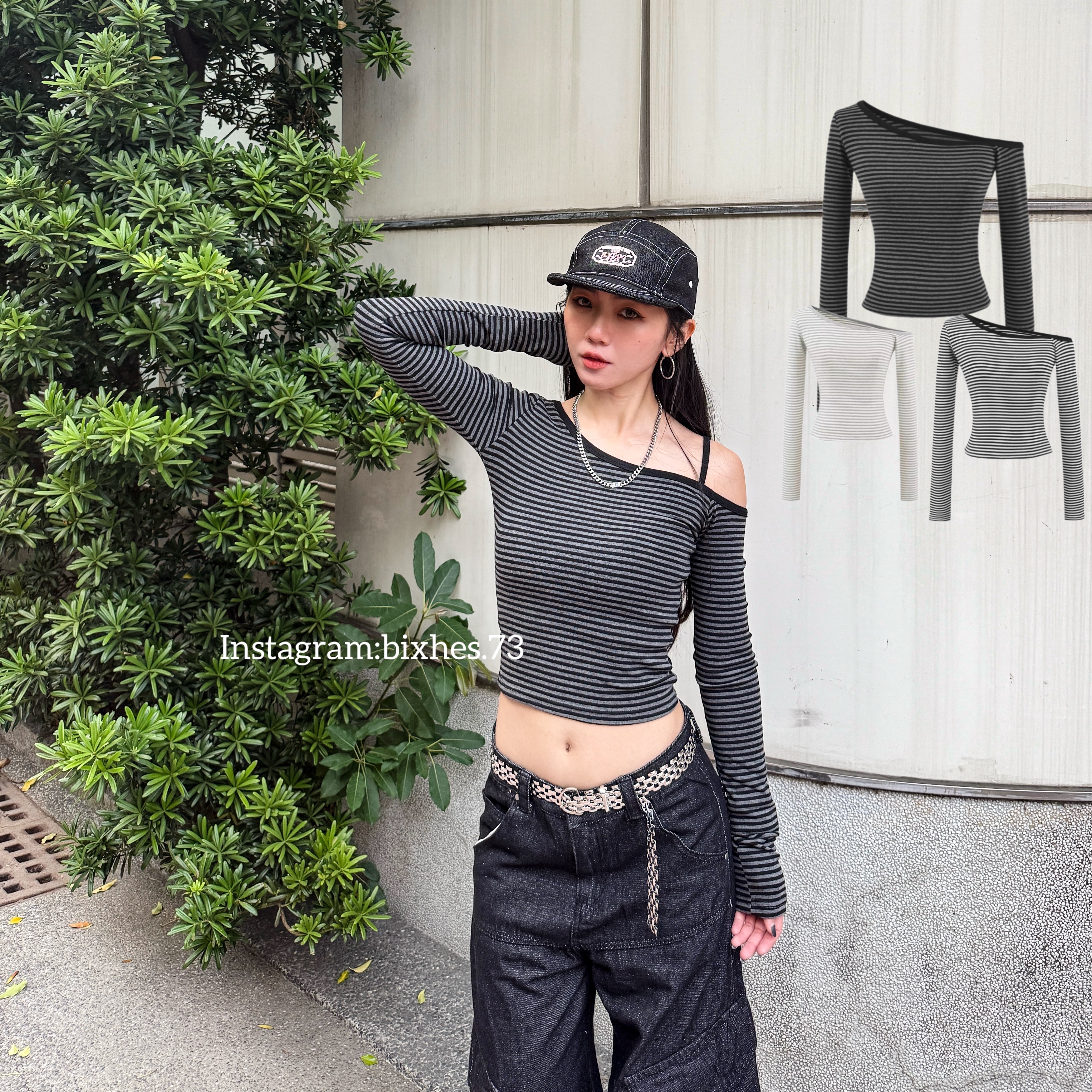 條紋彈力斜肩長T(B00020)