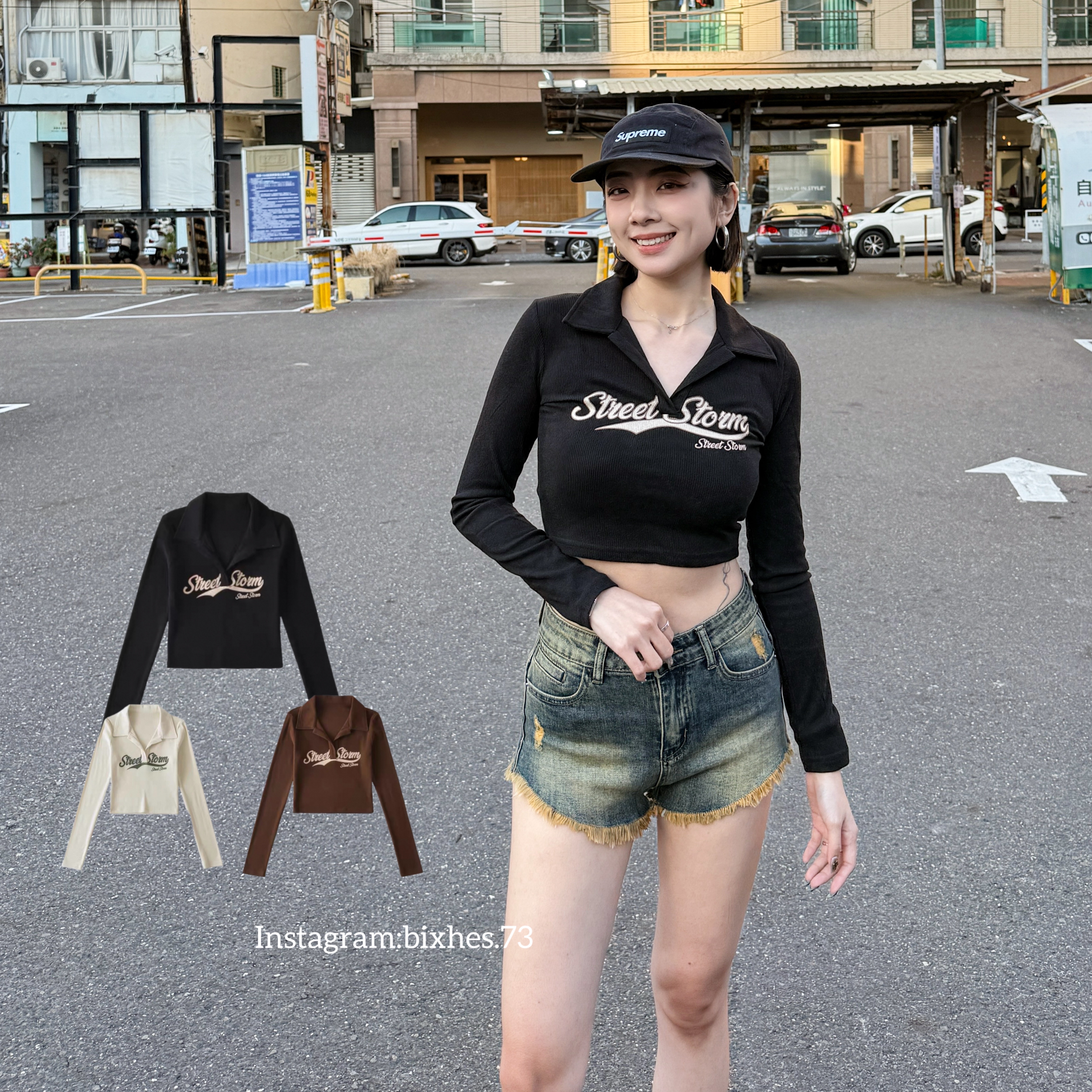 復古翻領字母短版長T(B00084)