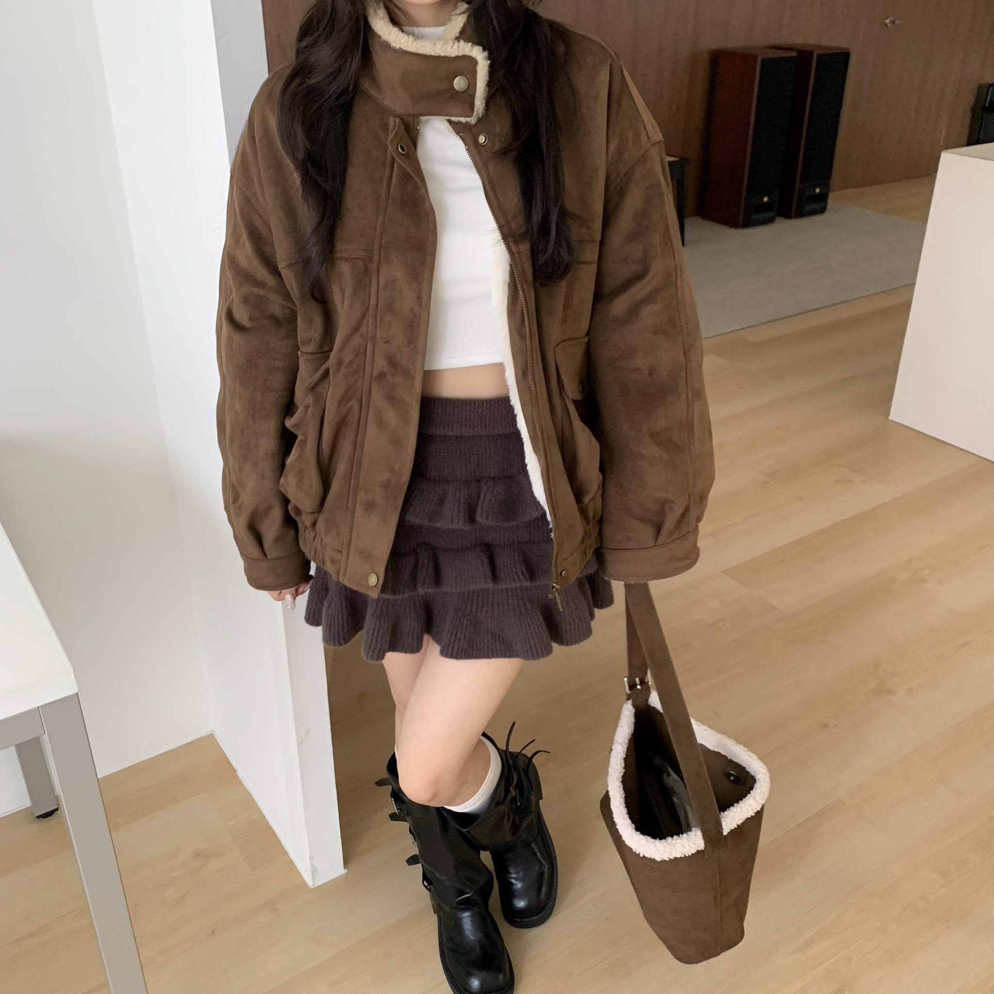 ISA_立領更可愛! 焦糖奶咖麂皮刷絨拉鍊外套_51142