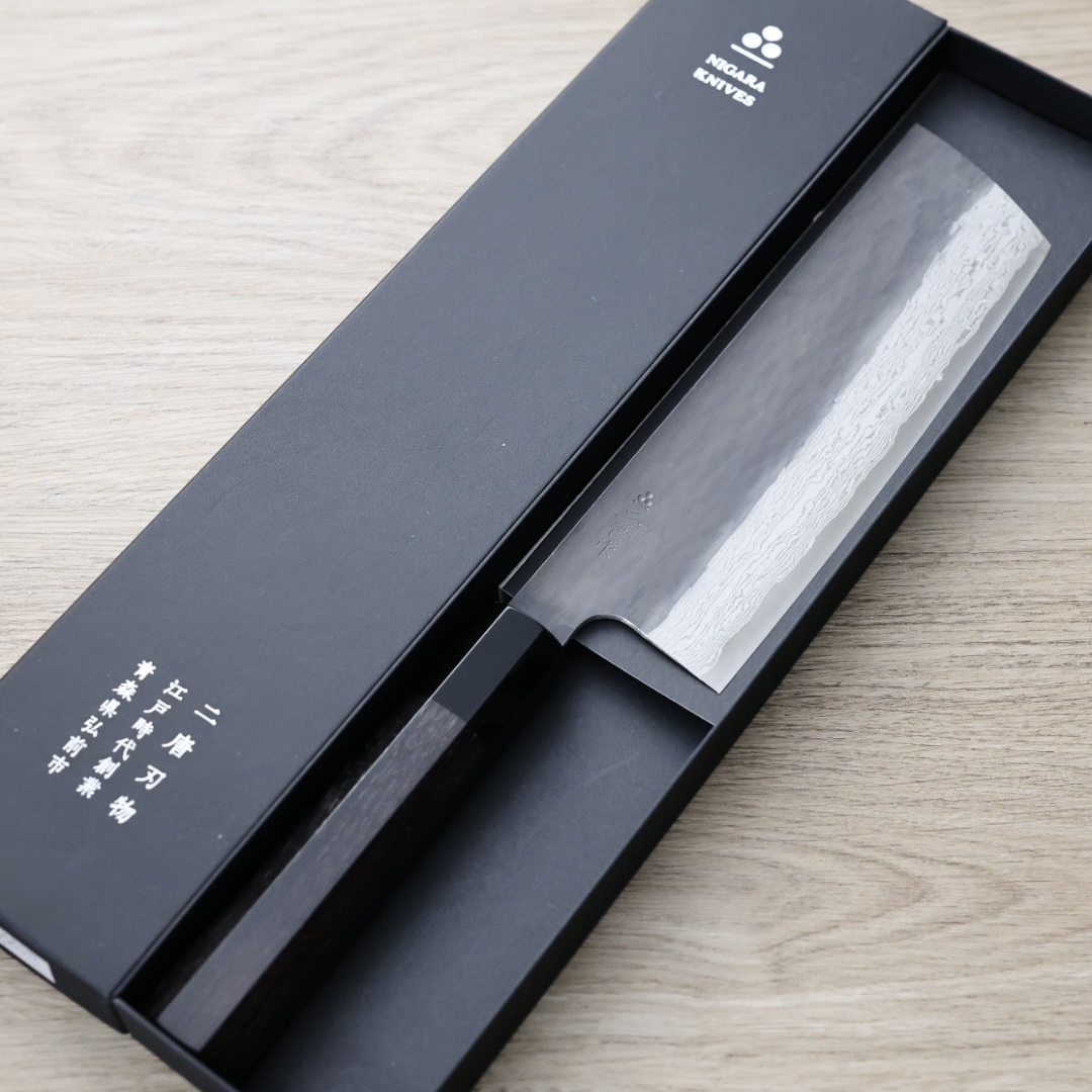 二唐刃物 菜切 180mm VG Xeos鋼  黑打鎚目大馬士革