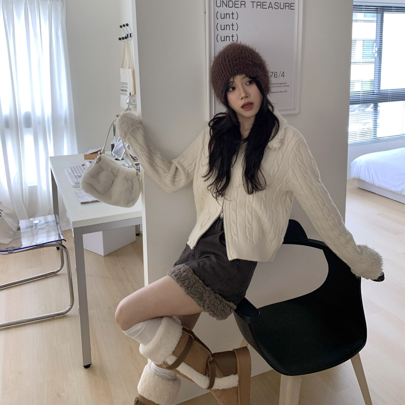 ISA_約會首選 毛絨拼接麻花針織雙拉鍊外套_51237