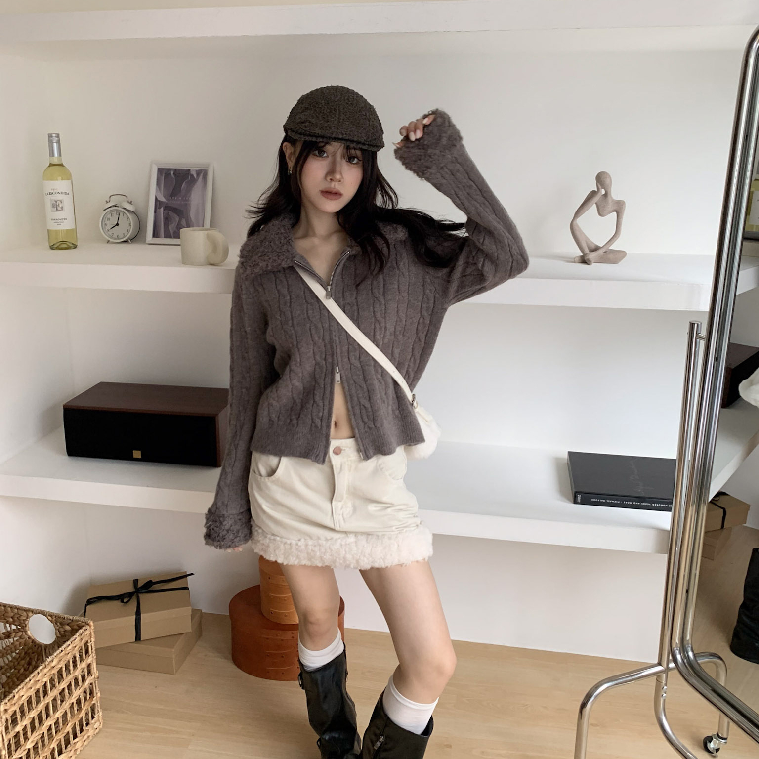 ISA_約會首選 毛絨拼接麻花針織雙拉鍊外套_51237