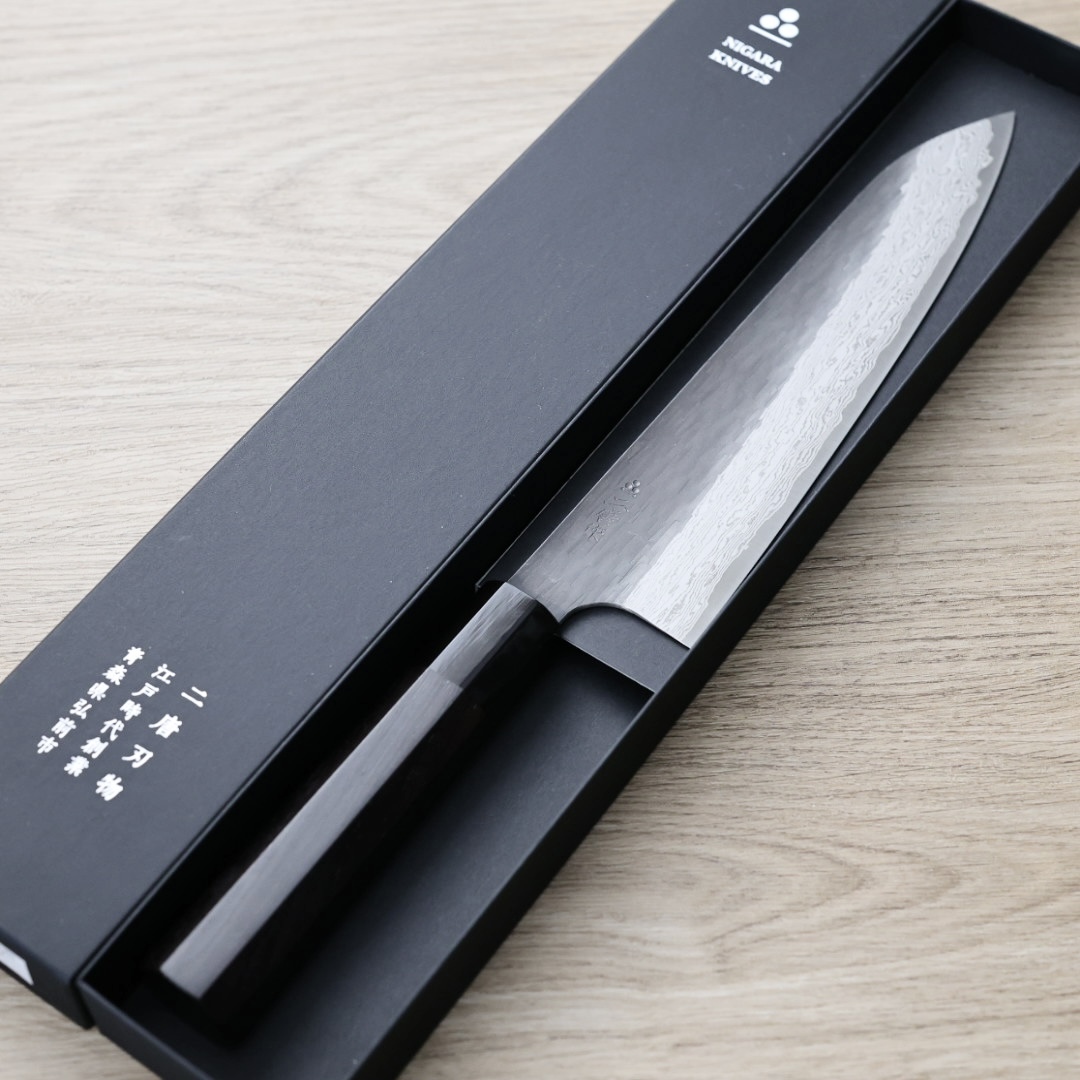 二唐刃物 牛刀 210mm VG Xeos鋼  黑打鎚目大馬士革