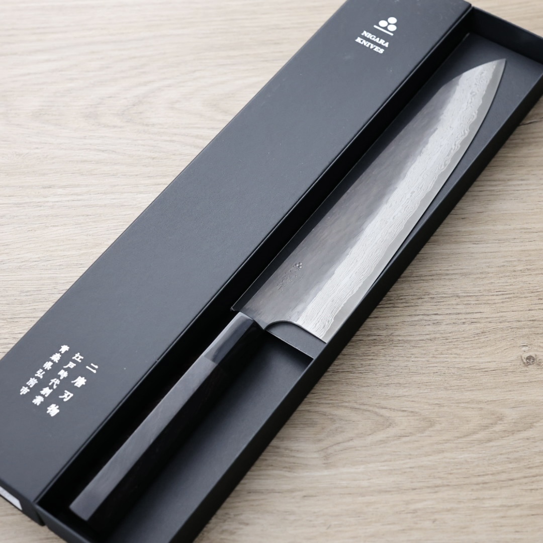 二唐刃物 牛刀 240mm VG Xeos鋼  黑打鎚目大馬士革