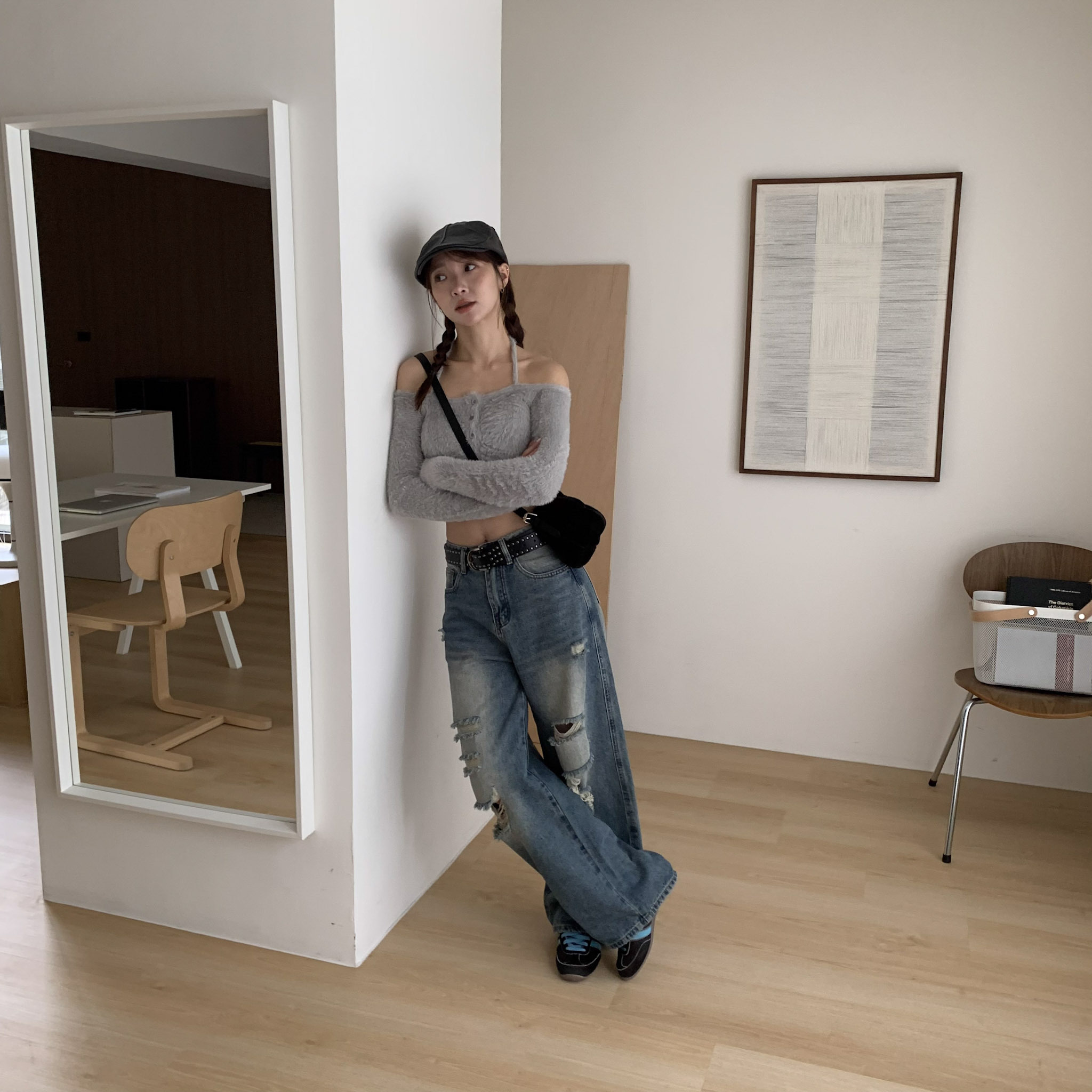 ISA_個性紐約藍 街頭感刷破設計直腿牛仔褲_51248