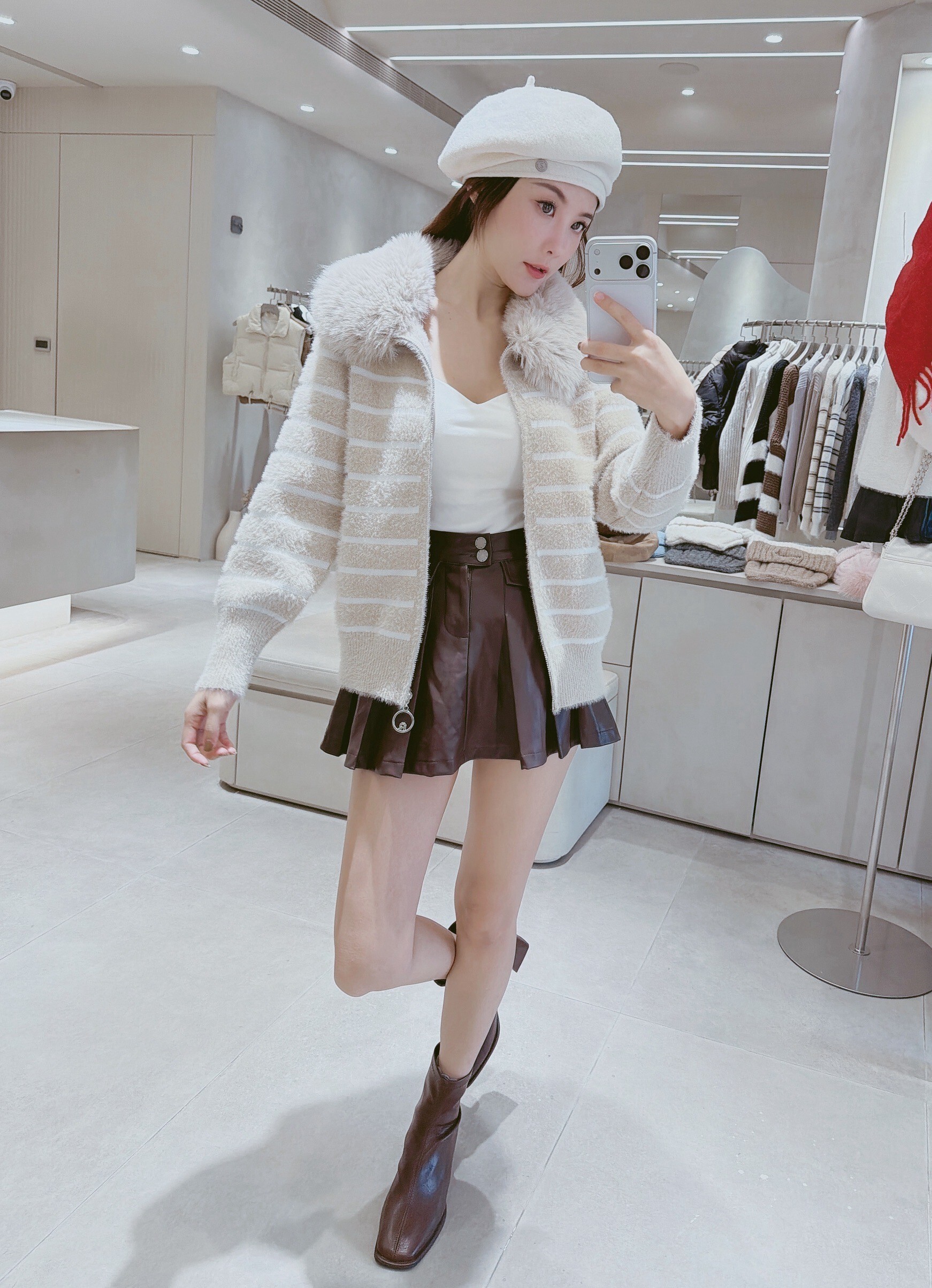 毛領條紋水貂毛拉鍊外套