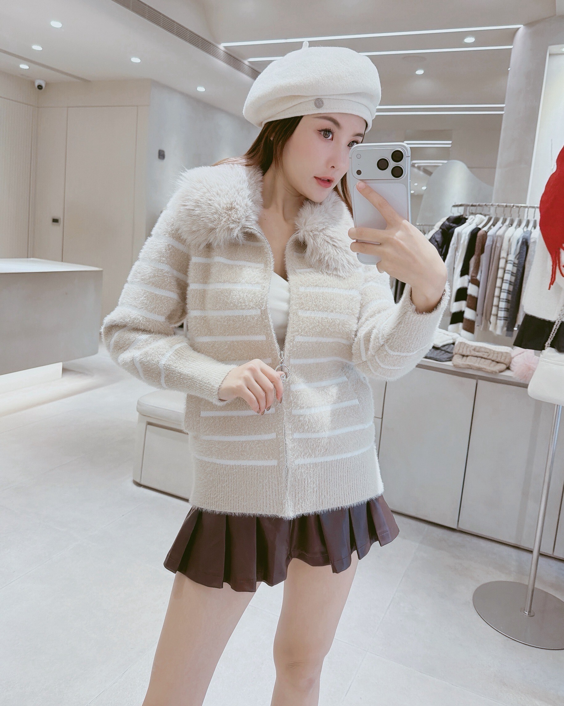 毛領條紋水貂毛拉鍊外套