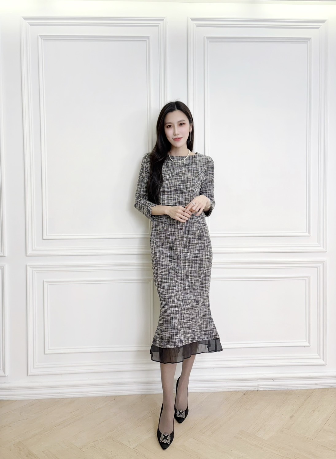 ( JS ) 絕美擺透紗織紋魚尾洋 - 黑