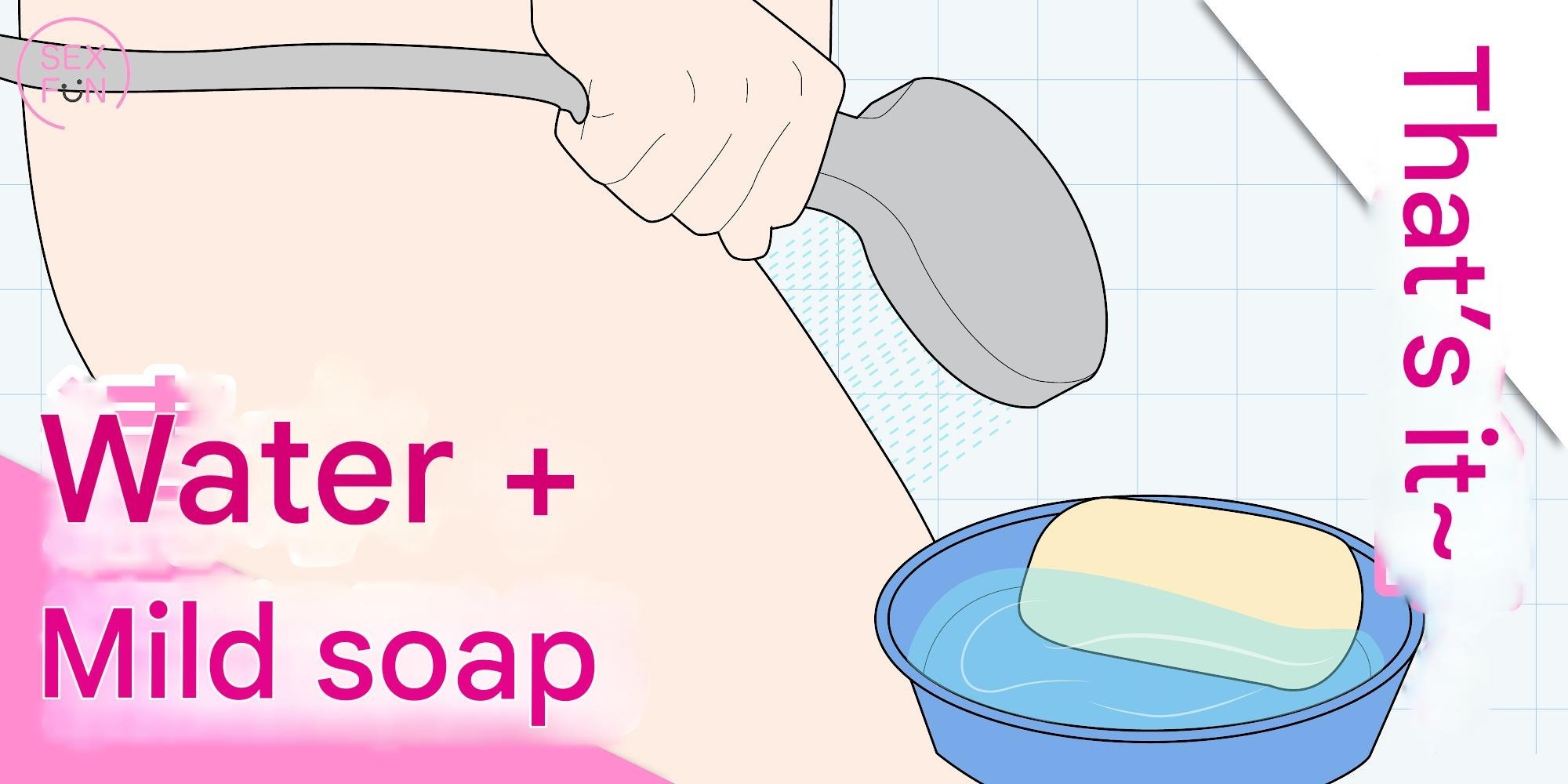 Gentle external vaginal cleaning with mild soap and water illustration