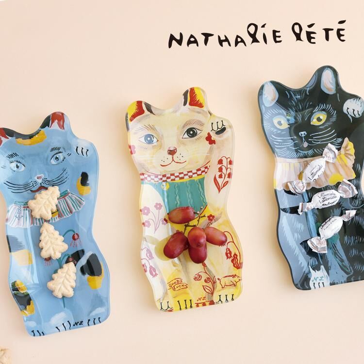 法國 插畫家 Nathalie Lethe  招財貓 玻璃盤 點心盤