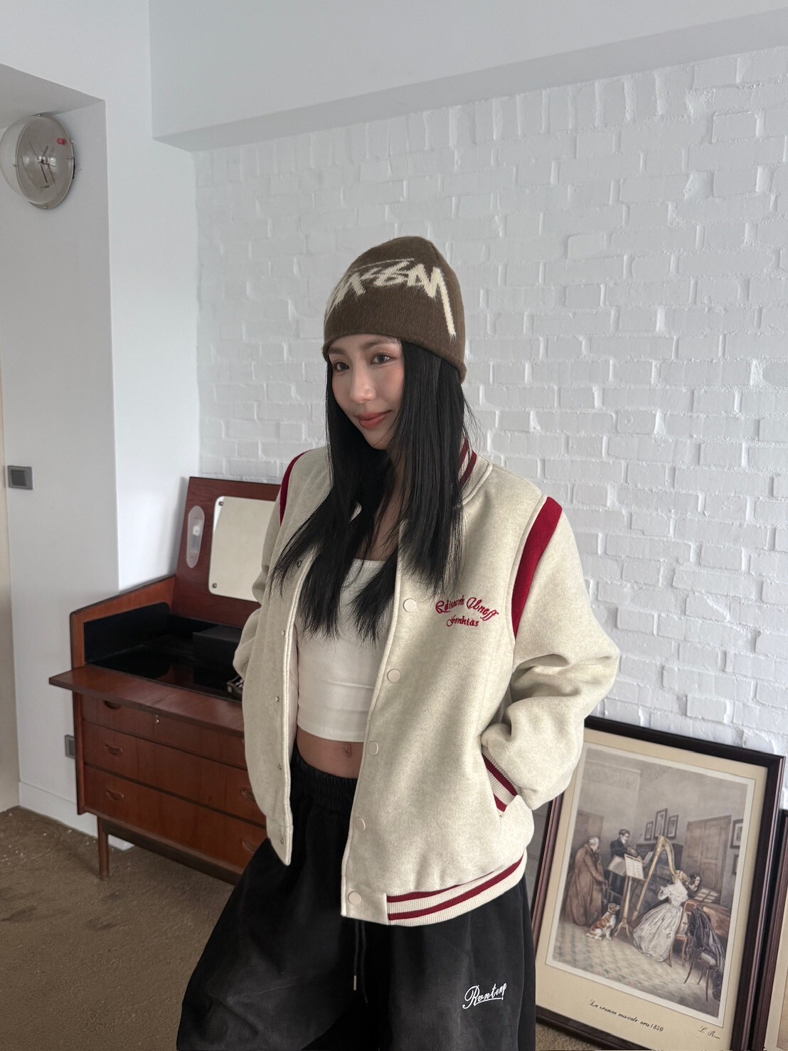 撞色立體刺繡毛呢棒球外套