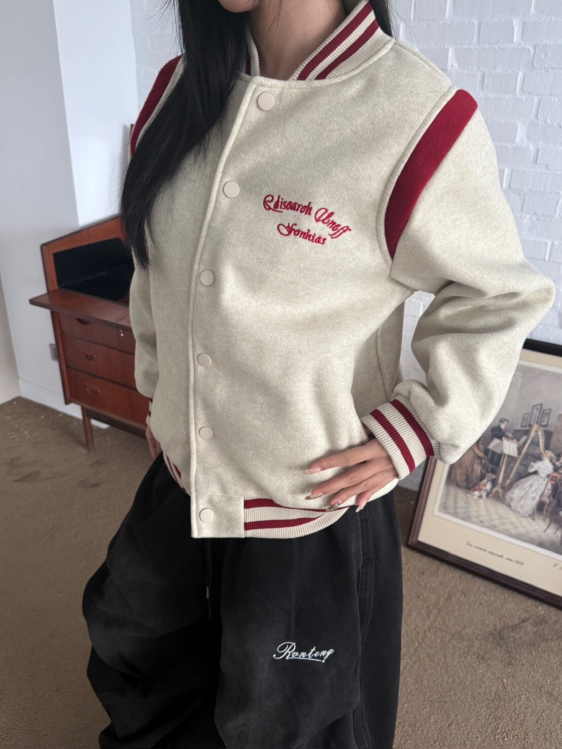 撞色立體刺繡毛呢棒球外套