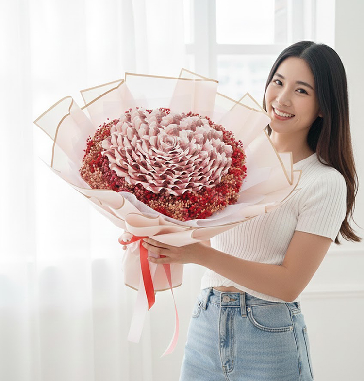 韓系風格情人節送禮:女孩開心收下巨型粉色鈔票花束,室內白牆簡約背景穿搭。