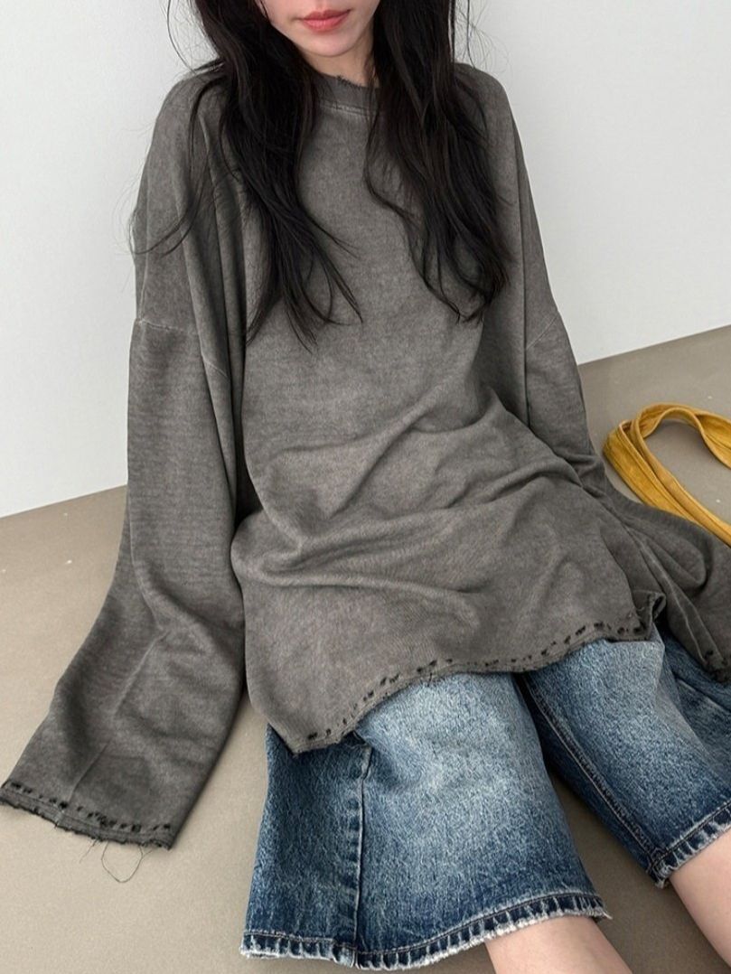 洗水淨色破邊長袖衫 GLAMOUR-137T